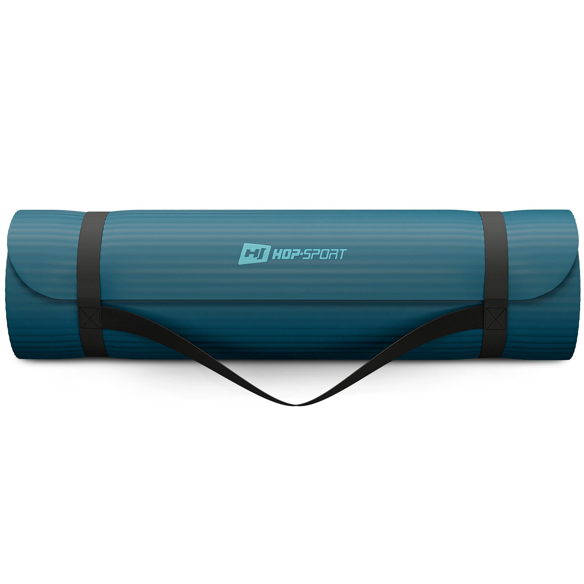 Eine gerollte, blaue Yogamatte mit schwarzen Gurten und dem Logo „HOP-SPORT“.