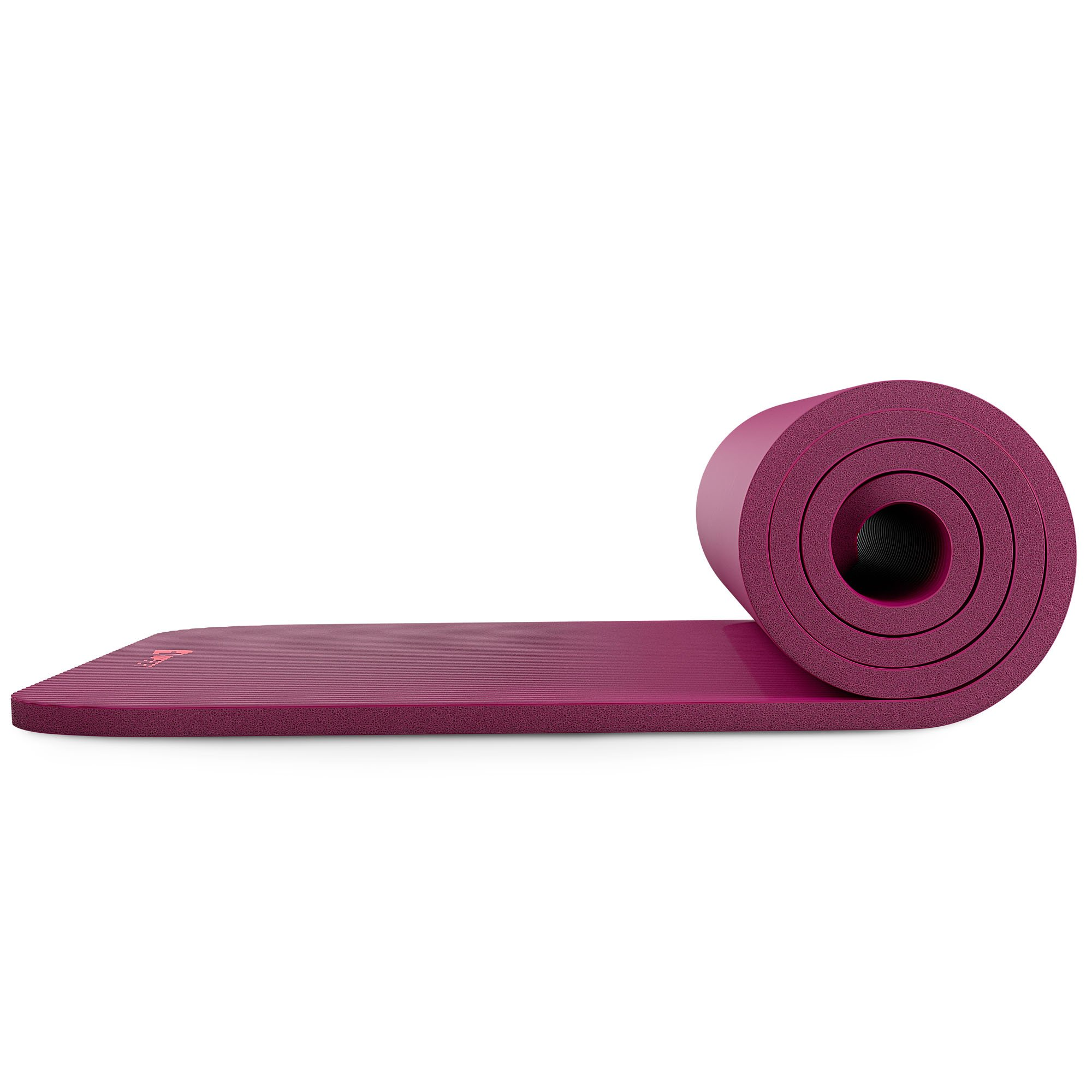 Eine dunkelviolette Yogamatte ist teilweise aufgerollt.