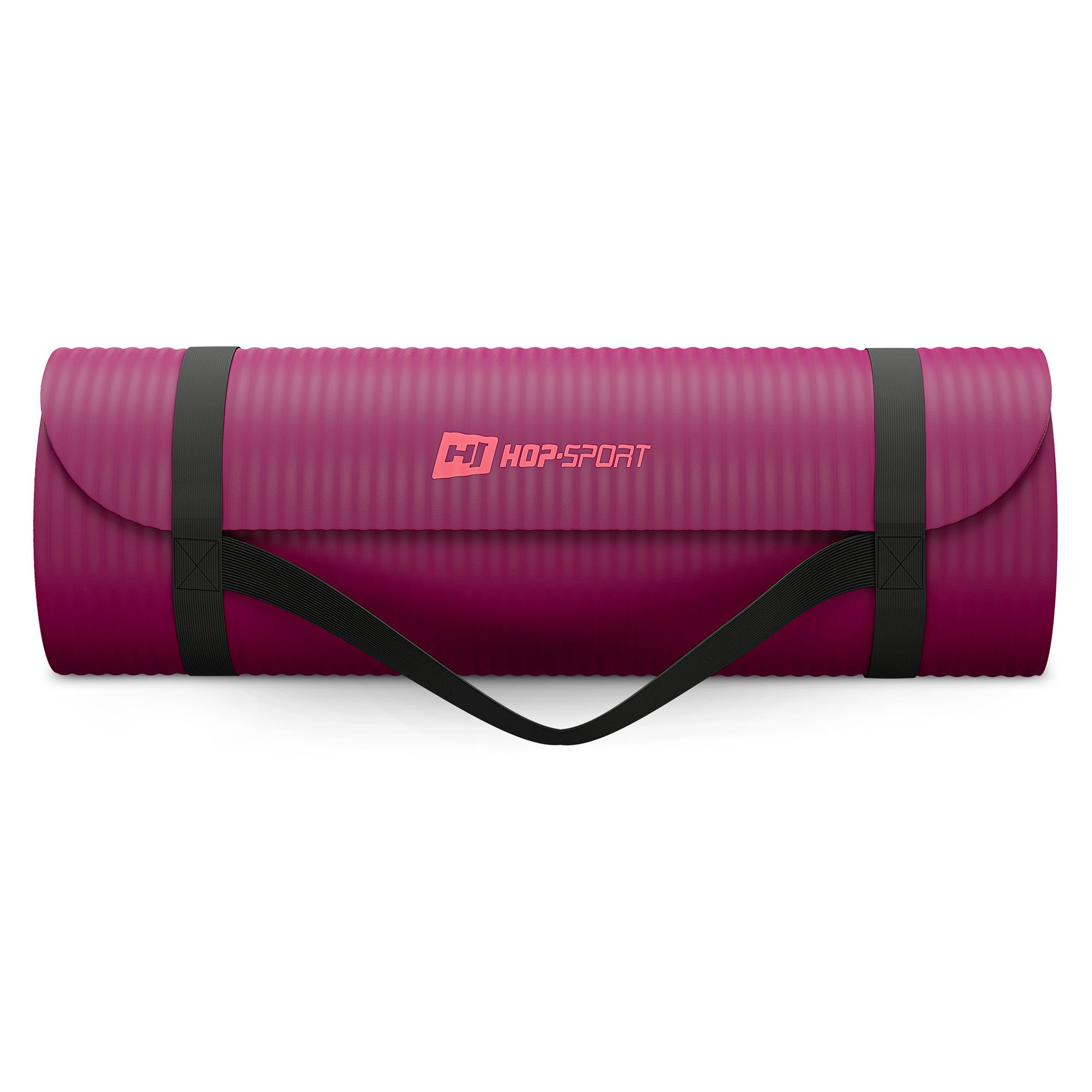 Eine gerollte, pinke Yogamatte mit schwarzen Trägern und dem Logo 