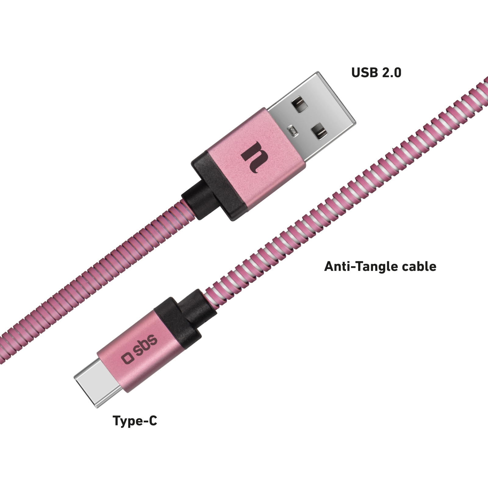 Un cable USB-A a USB-C rosa con cordón trenzado en espiral.
