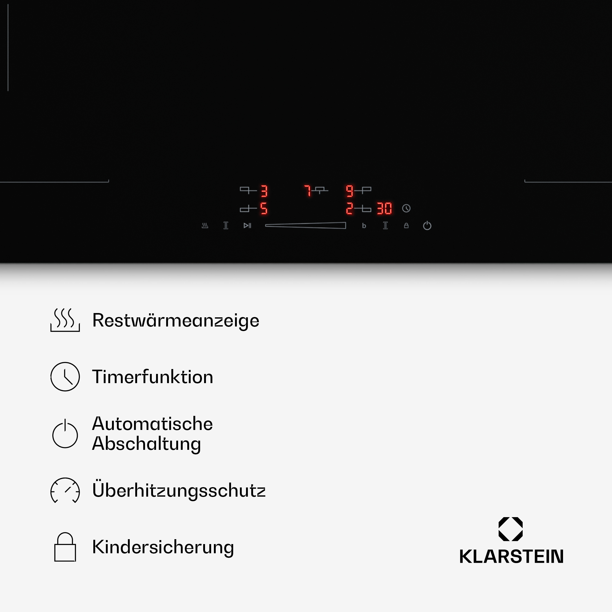 Ein Kochfeld mit digitalen Anzeigen für Temperatur, Timer und Funktionen.