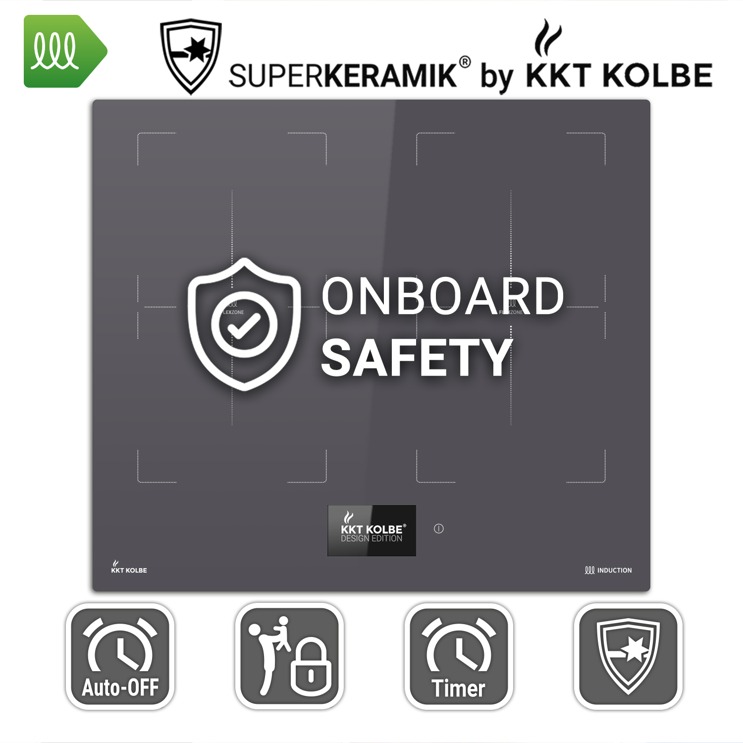 Induktionskochfeld mit "Onboard Safety"-Symbol. Symbole: Auto-Off, Kindersicherung, Timer, Sicherheitsschild.