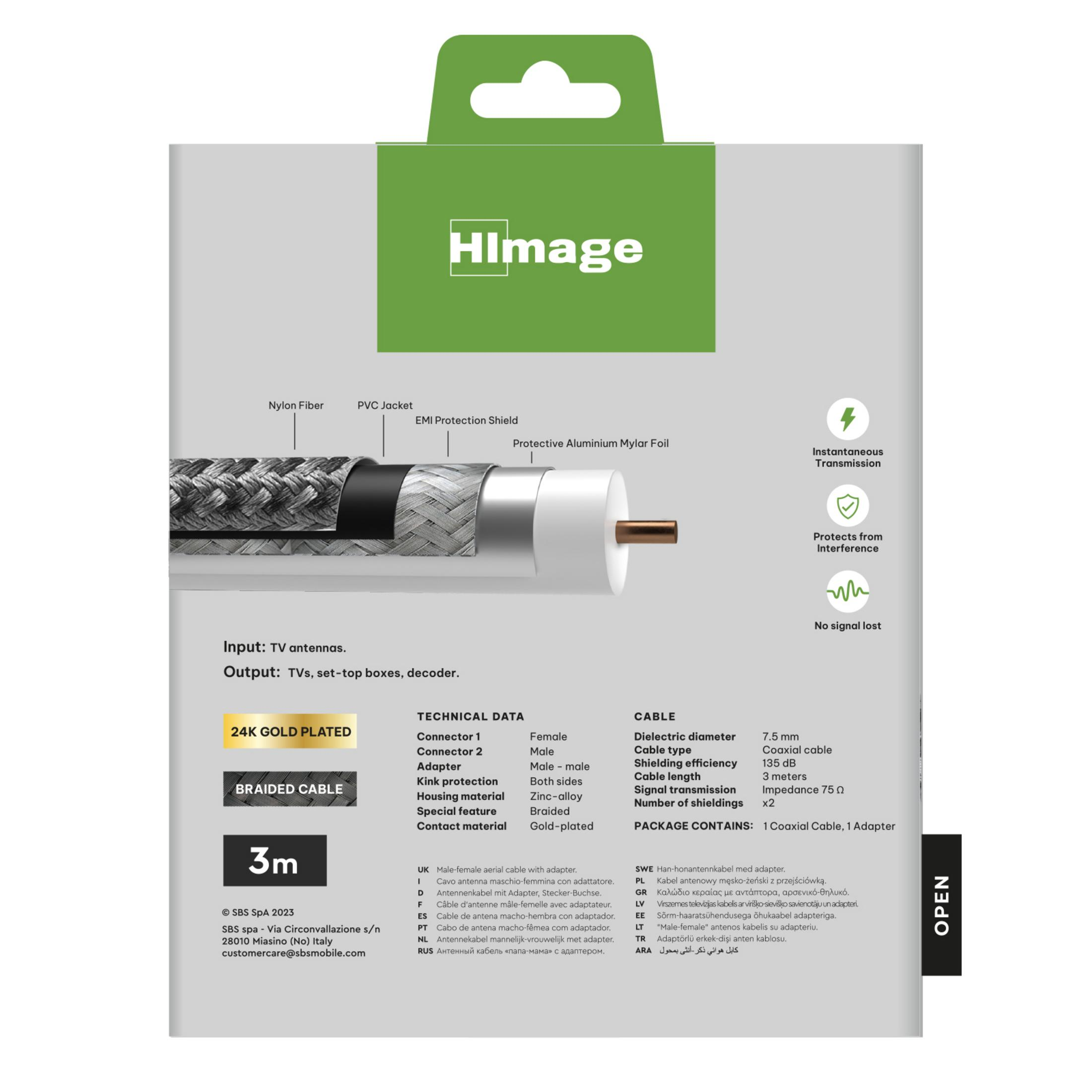 Cavo coassiale placcato oro 24K, intrecciato, lungo 3m, con protezione.