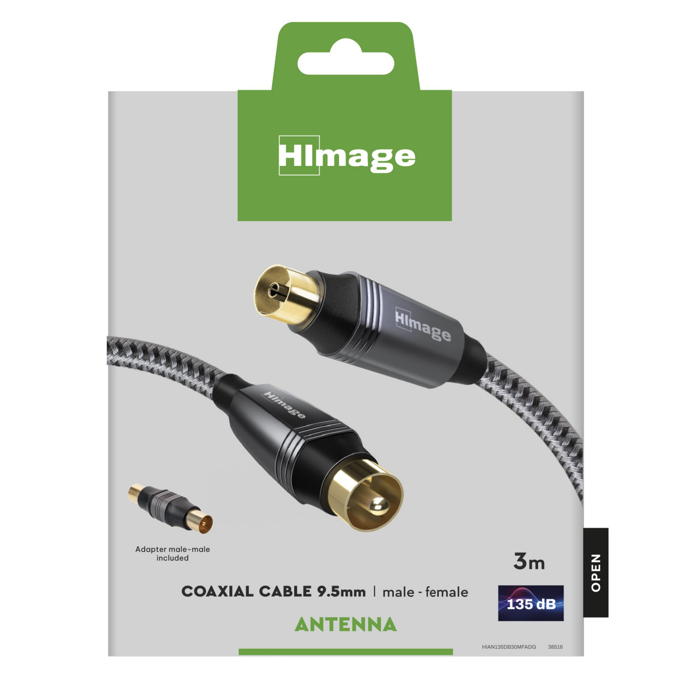 Cavo coassiale grigio con due connettori e un adattatore. 3m, 135 dB.