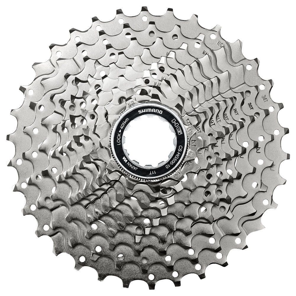 Eine silberne Shimano Fahrradkassette mit 10 Gängen, detailliert mit Größenangaben.