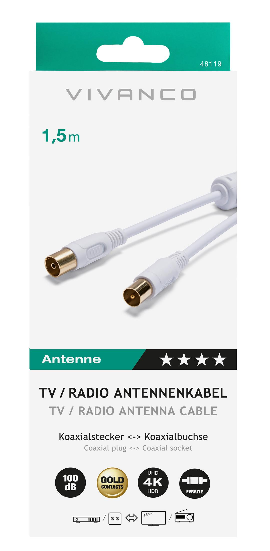 Un cavo antenna Vivanco bianco con spina e presa coassiale.