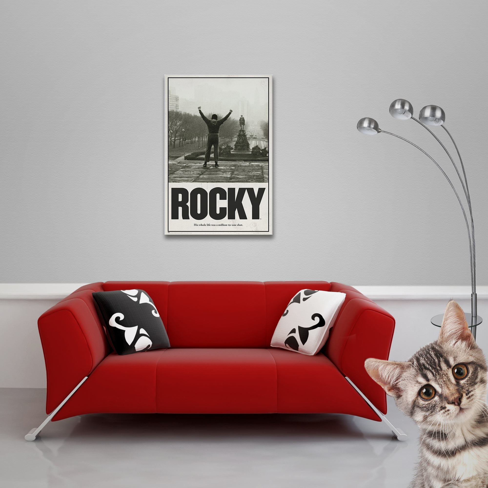 Ein Kater schaut über eine rote Couch, auf der ein Rocky-Poster hängt.