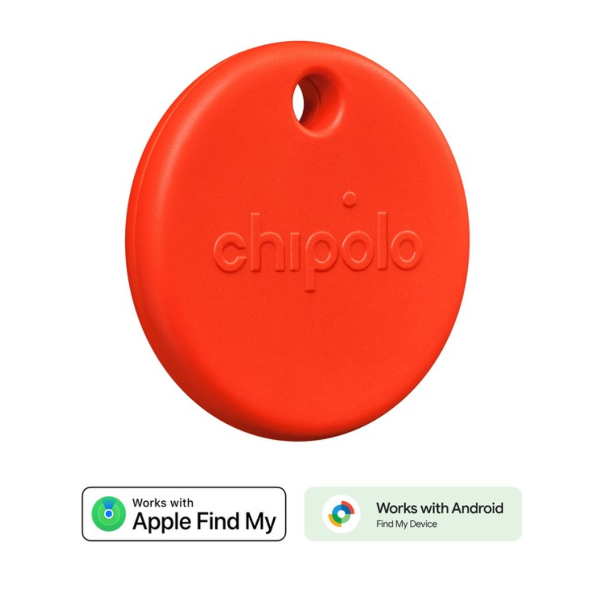 A round, orange Chipolo tracker with embossed text. Apple Find My logo on the bottom left.