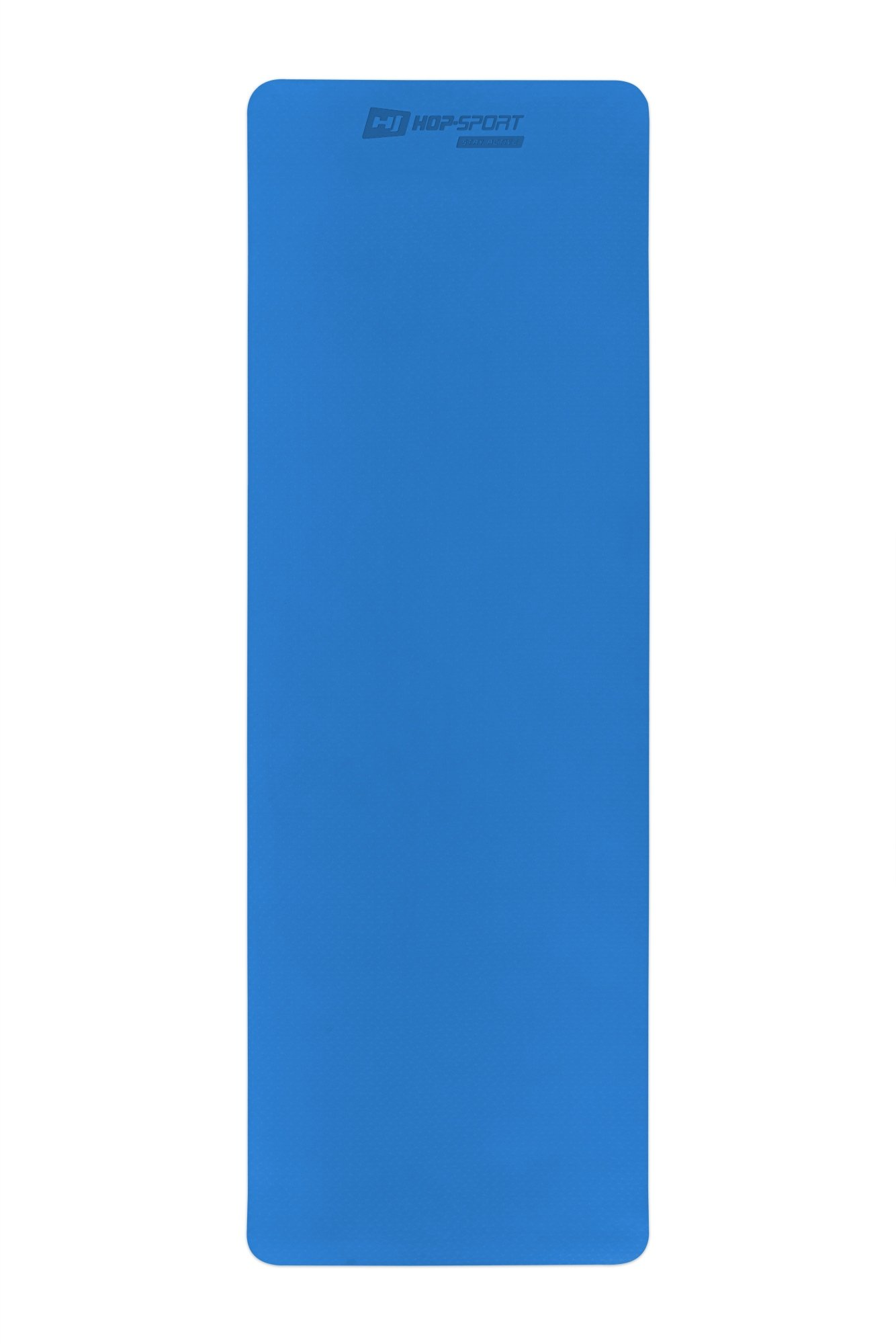 Blaue Yogamatte mit dem Logo Hop-Sport und dem Schriftzug Stay Active.