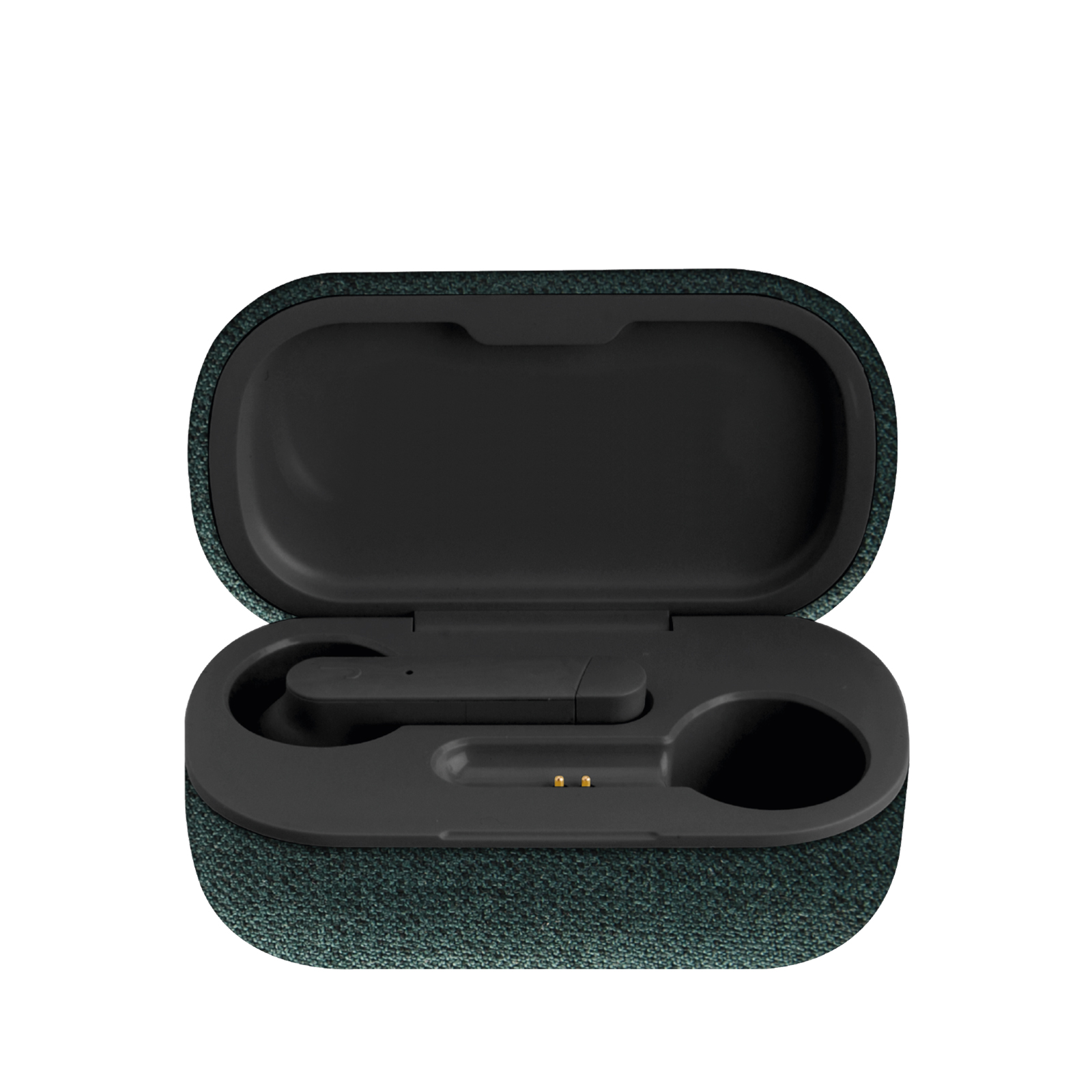 Una custodia di ricarica aperta per auricolari wireless con rivestimento in tessuto scuro.