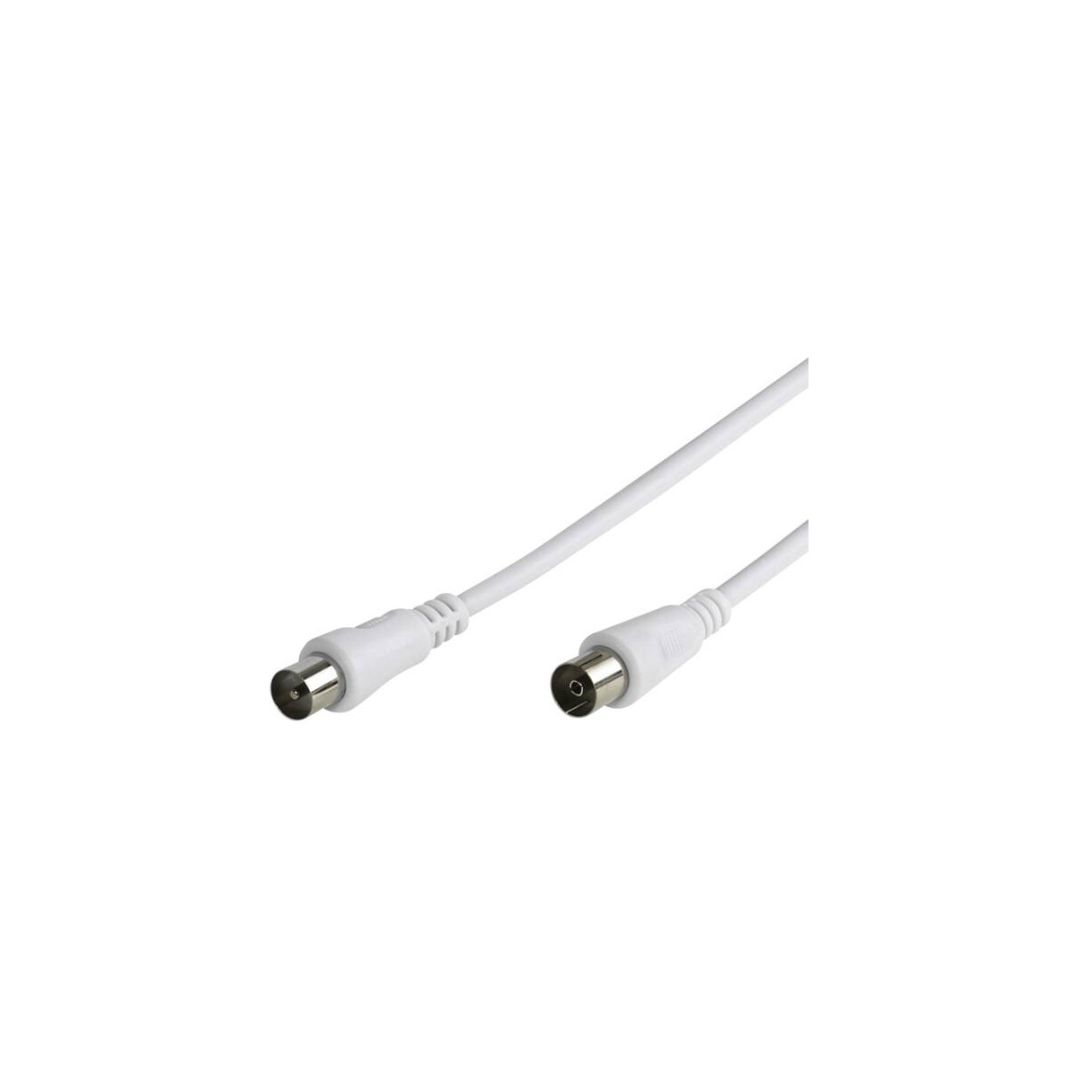Un cavo coassiale bianco con due connettori su sfondo bianco.