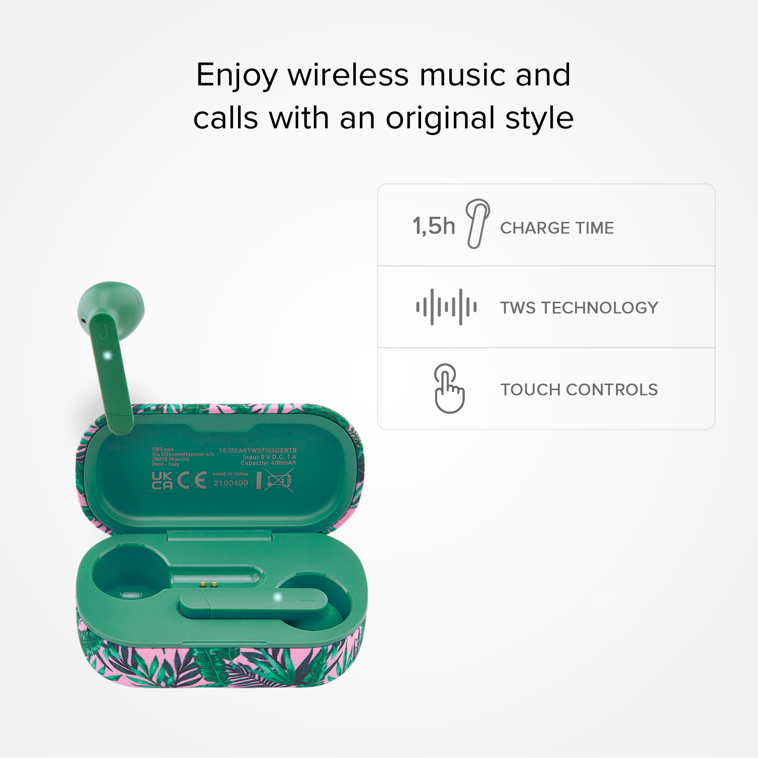 Auricolari e custodia verdi con stampa a foglie tropicali. Include tempo di ricarica, tecnologia TWS, controlli touch.