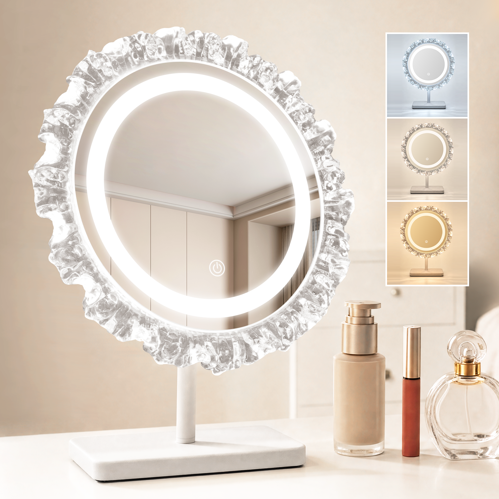 Un espejo de tocador iluminado con borde de cristal está sobre una mesa blanca.