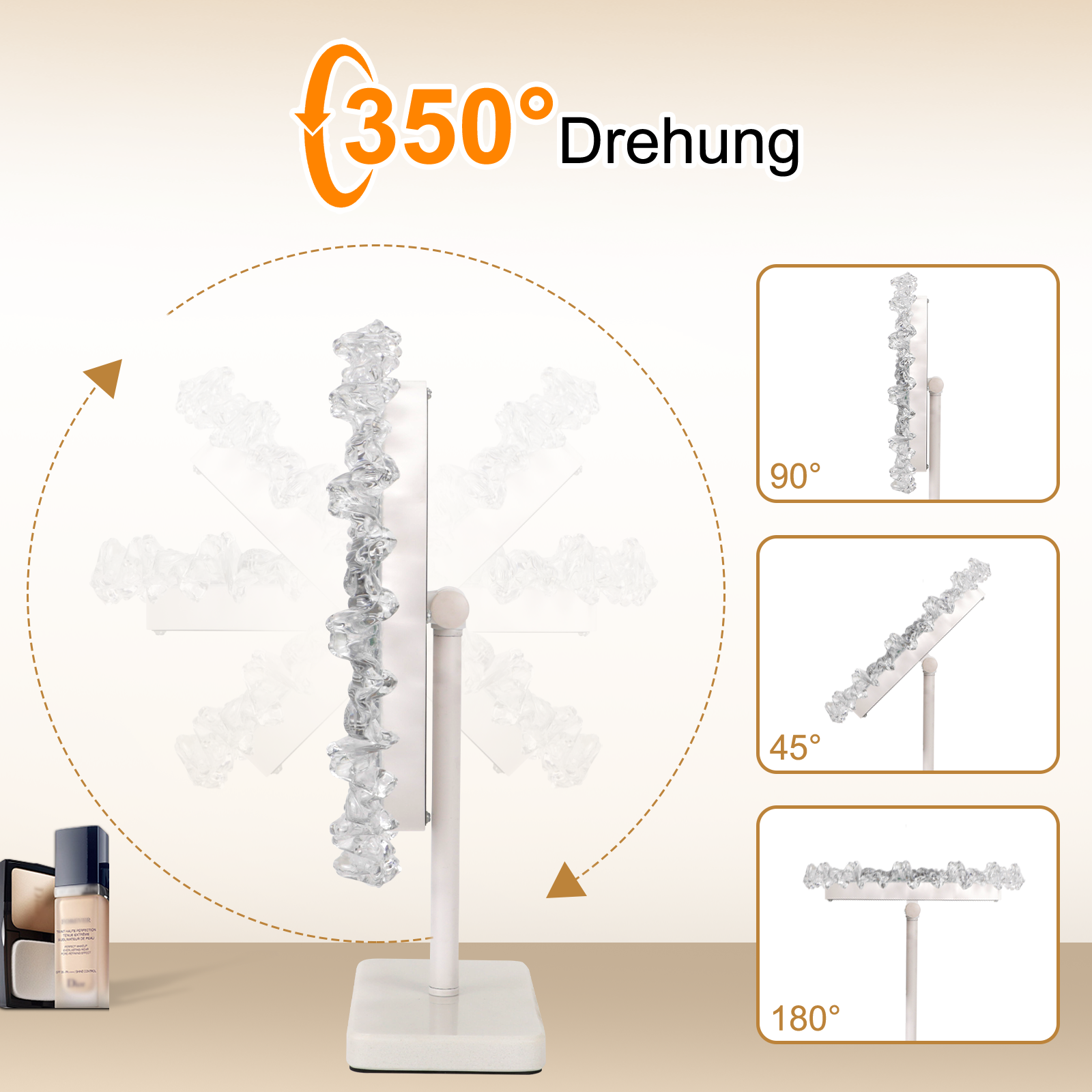 Ein Schminkspiegel mit 350° Drehung wird gezeigt. Beinhaltet Kosmetika.