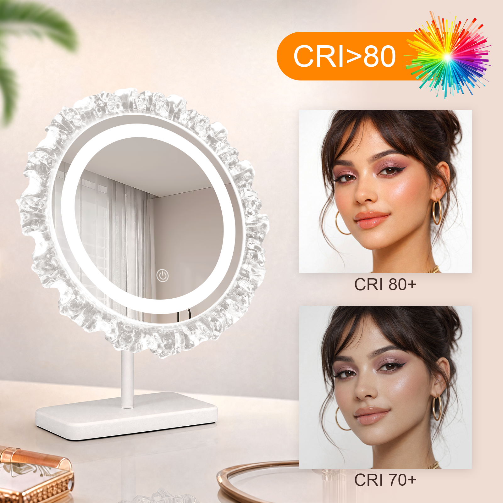Un espejo de maquillaje con iluminación LED y borde festoneado.