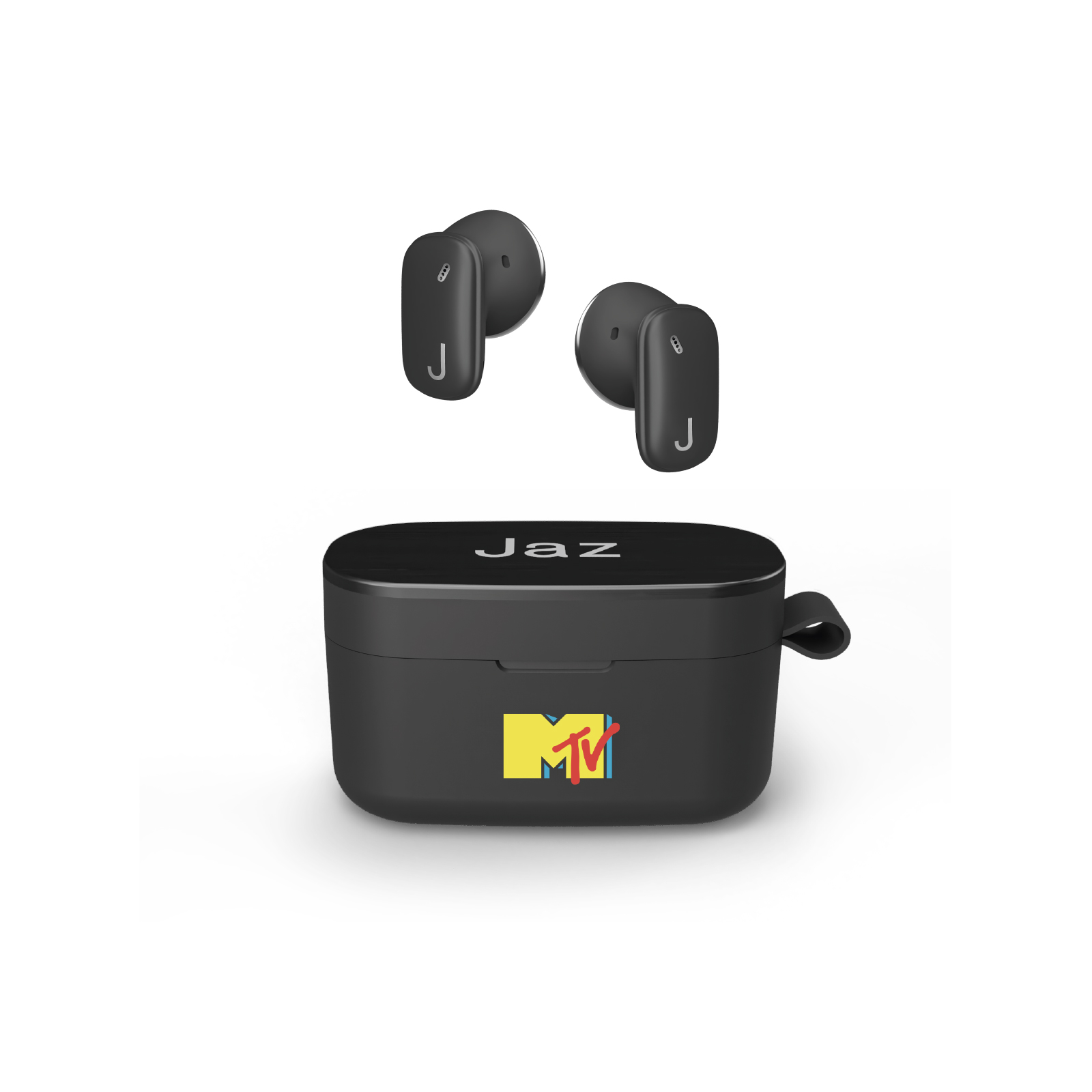 Auricolari wireless neri con logo 'J' e custodia di ricarica con logo MTV.