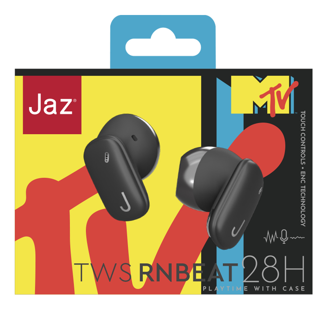 Auricolari neri Jaz MTV TWS su sfondo giallo e rosso vivace.