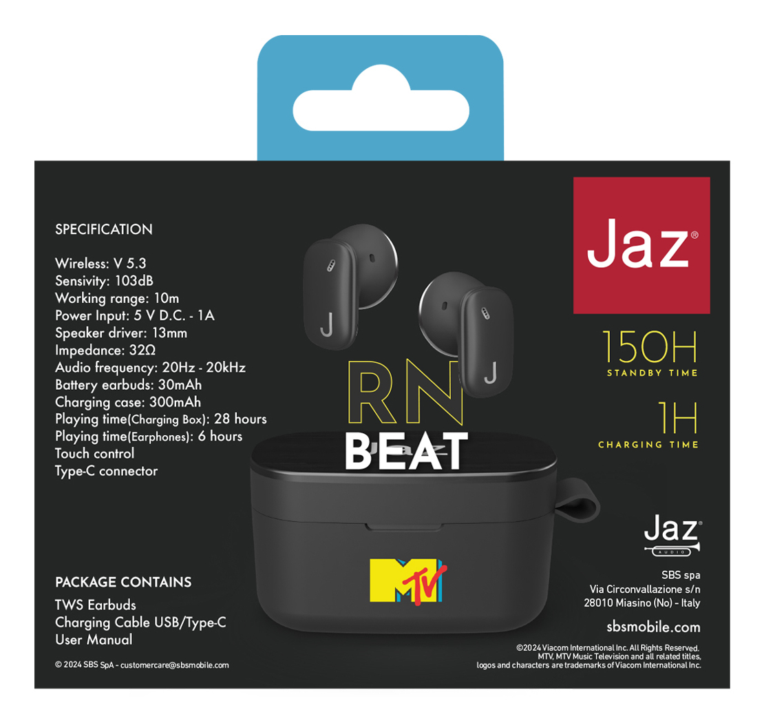 Auricolari TWS Jaz Beat con custodia di ricarica. Specifiche e logo MTV.