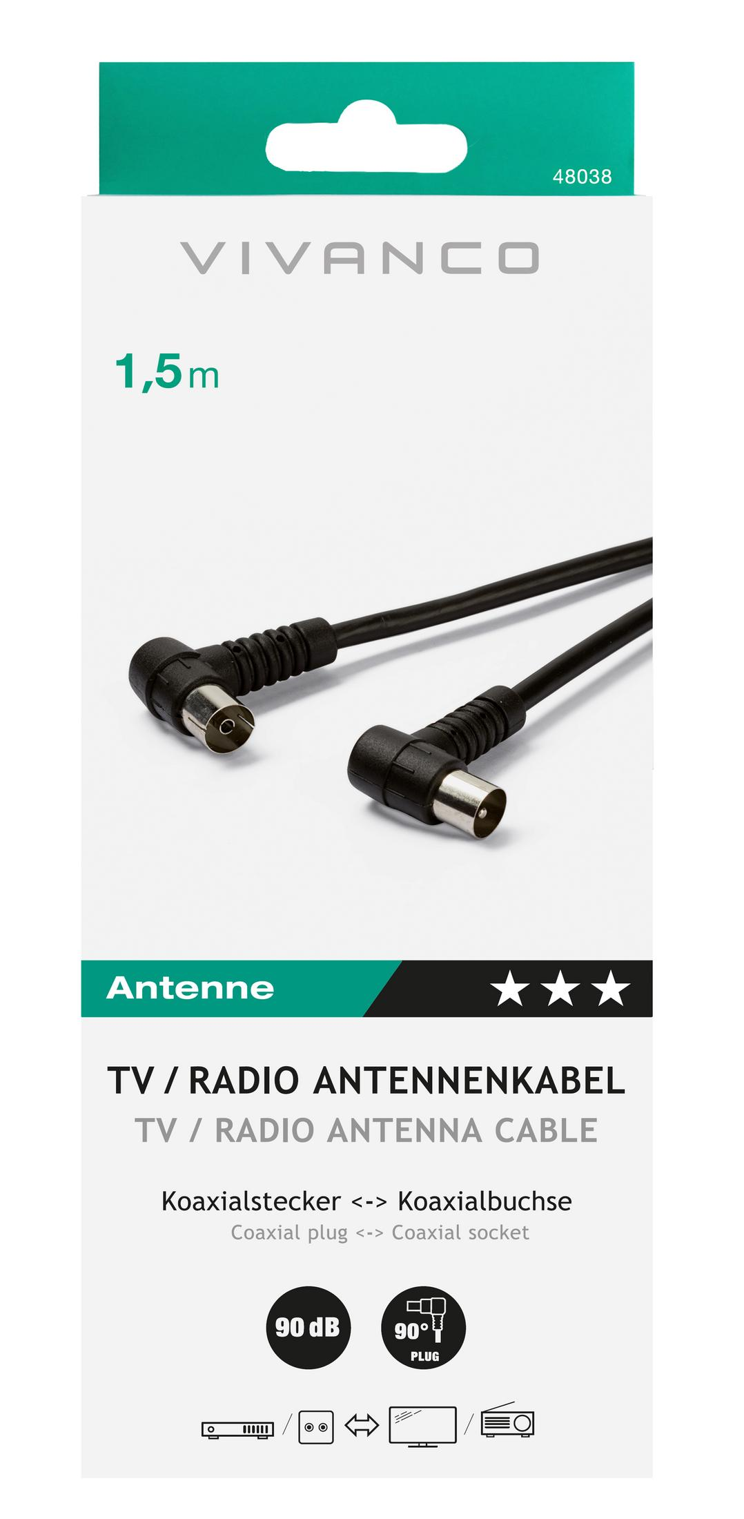 Un cavo antenna Vivanco da 1,5 m con spina coassiale e connettore angolato.