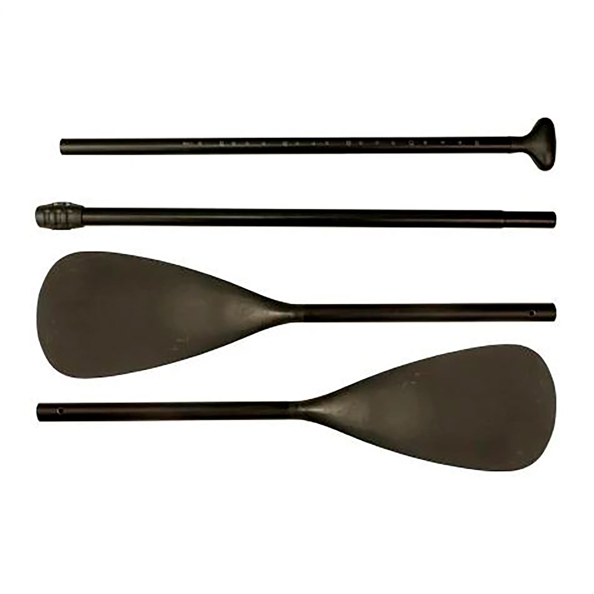 Zwei schwarze Paddel mit ovalen Blättern und ein Griffstück.