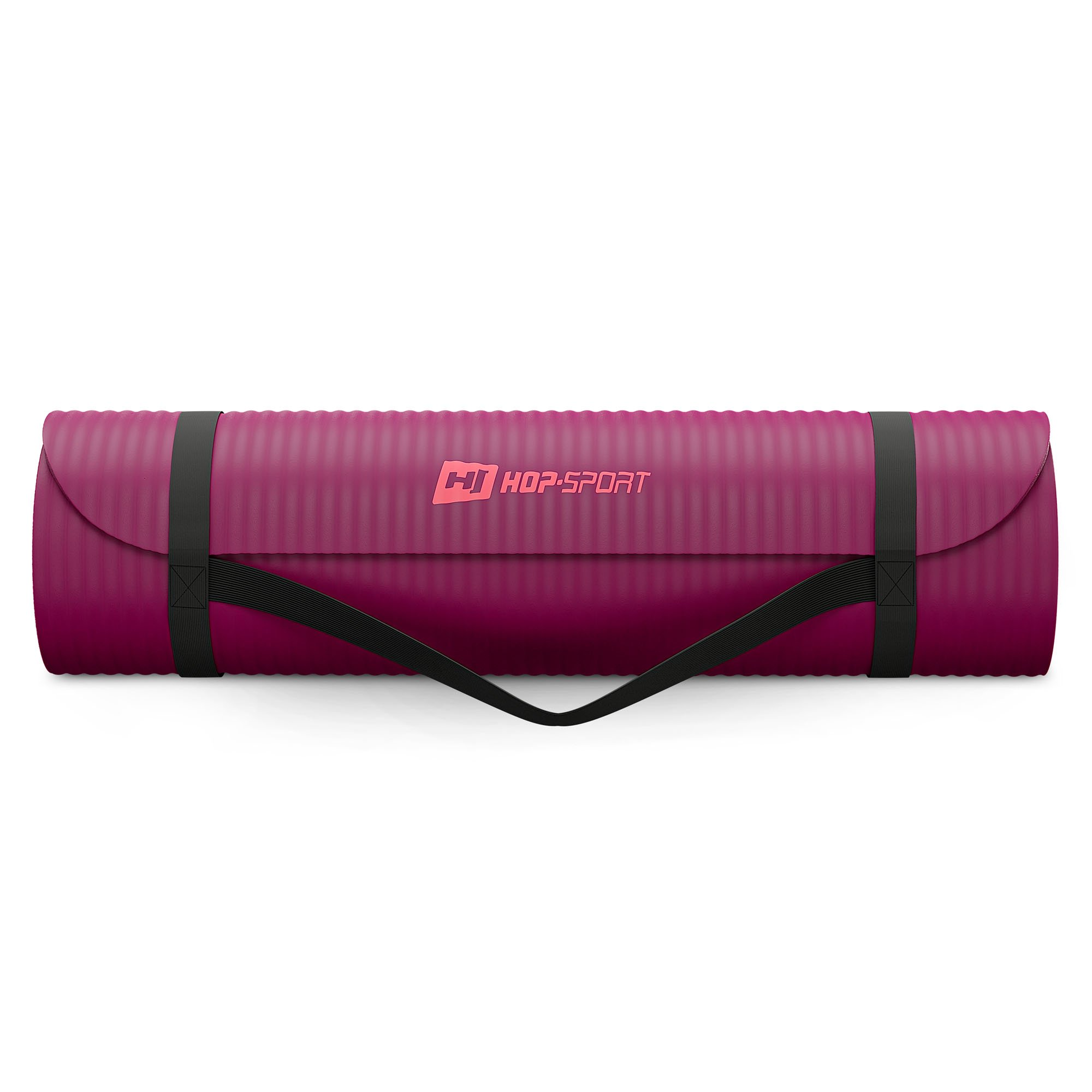 Eine gerollte, weinrote Yogamatte mit Rippenmuster und schwarzen Trägern.