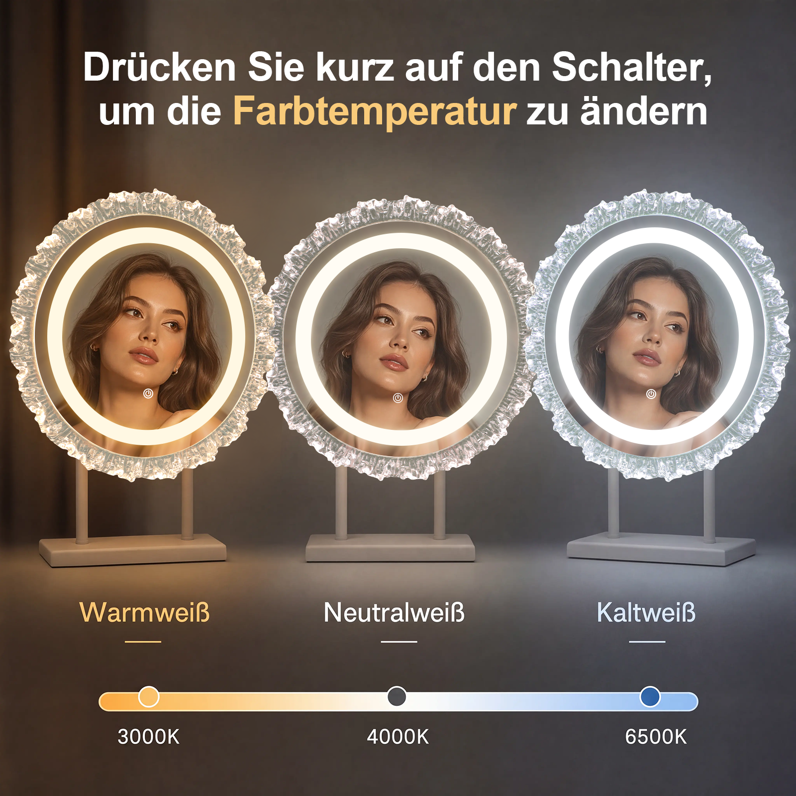 Una mujer es iluminada por tres espejos con diferentes colores de luz.