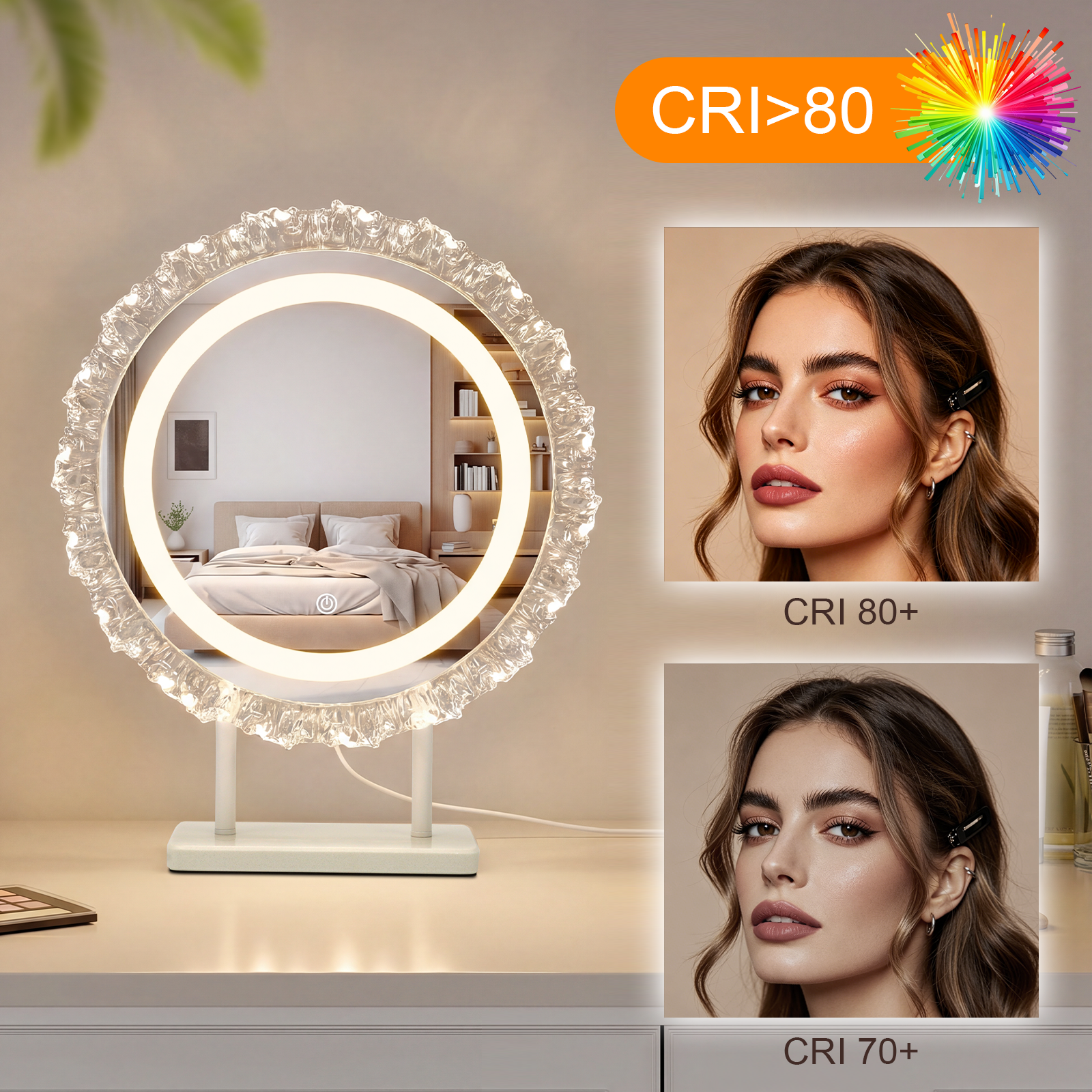 Un espejo de maquillaje redondo con borde de cristal e iluminación LED sobre una cómoda.