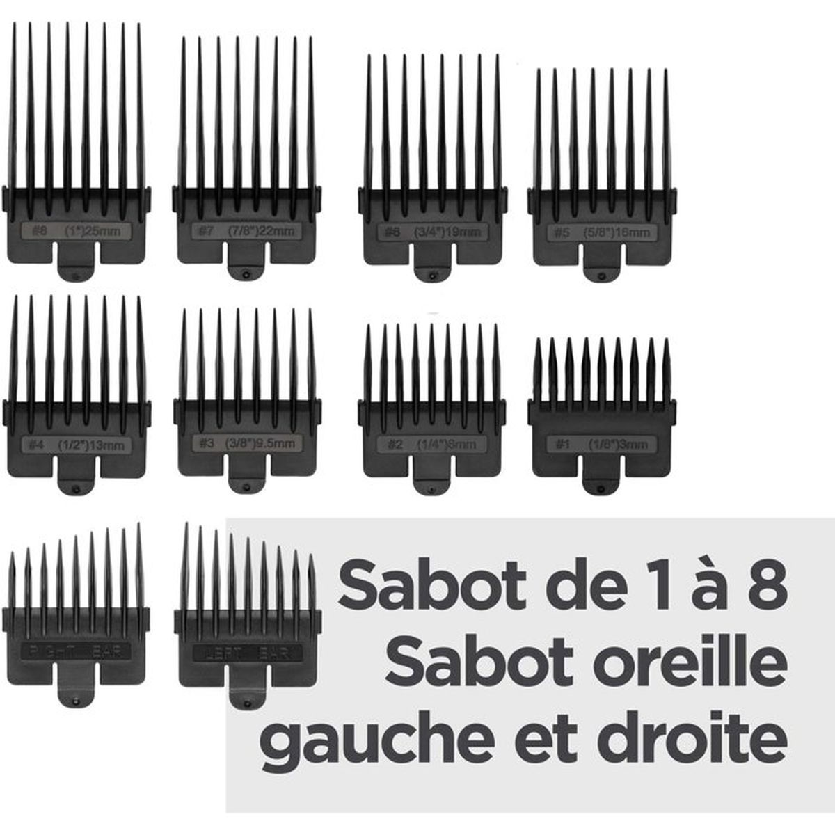 Satz von 8 schwarzen Haarschneidemaschinen-Aufsteckkämmen in verschiedenen Größen.