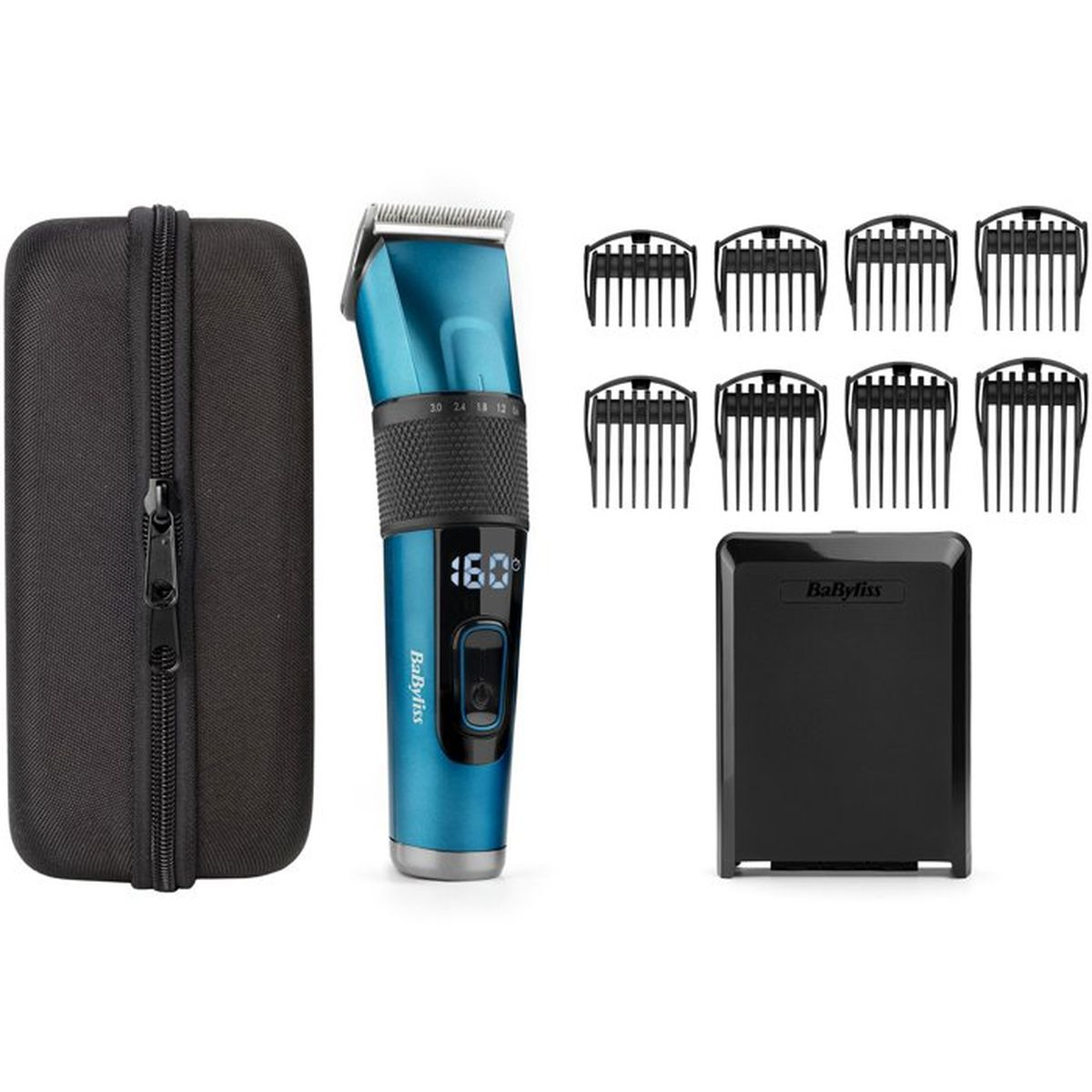 Blaues Haarschneider-Set mit Etui, Aufsätzen und Ladestation.