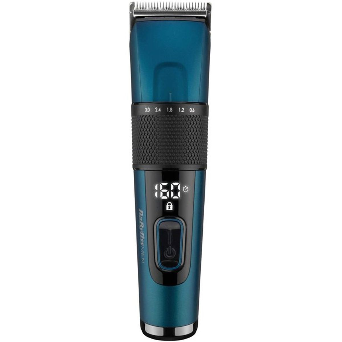 Ein blauer Haarschneider mit schwarzem Griff und digitaler Anzeige.