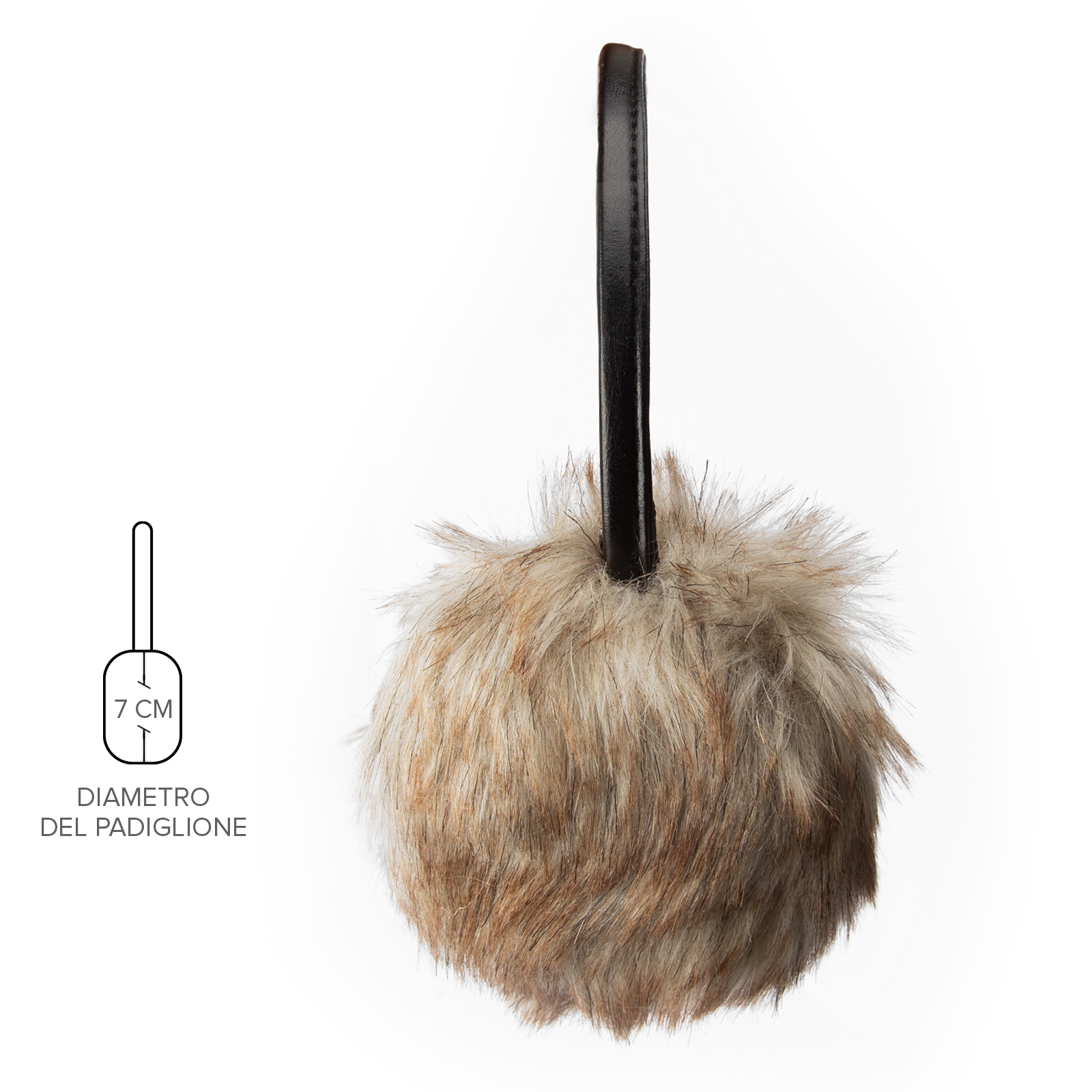 Un pompon in finta pelliccia marrone e soffice con cinturino in pelle nera, 7 cm.