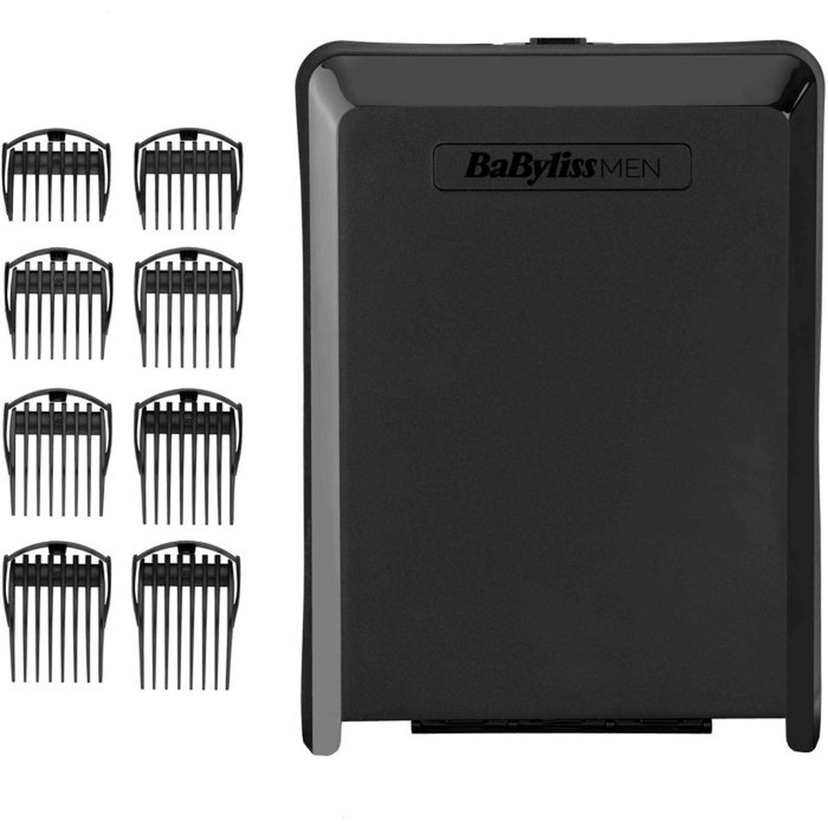 Ein schwarzes Babyliss Men Lade-/Aufbewahrungsgerät mit sechs Aufsteckkämmen.