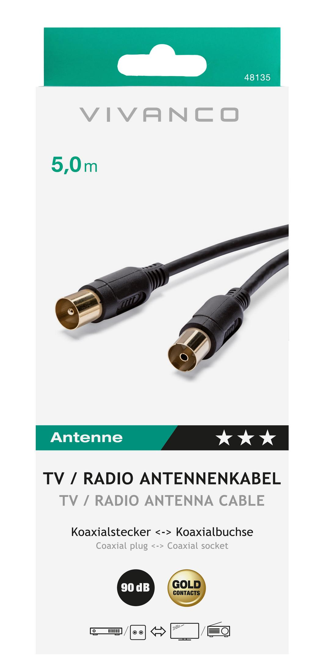 Cavo coassiale Vivanco 5m per TV/Radio con 90 dB e contatti dorati.
