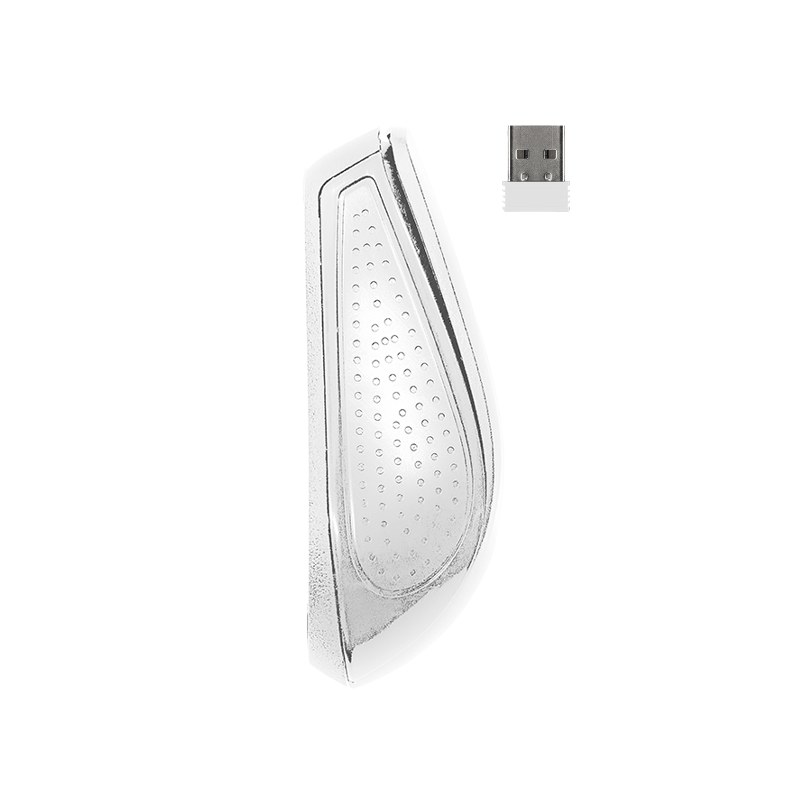 Un adattatore USB bianco e un oggetto bianco a forma di goccia con perforazioni.