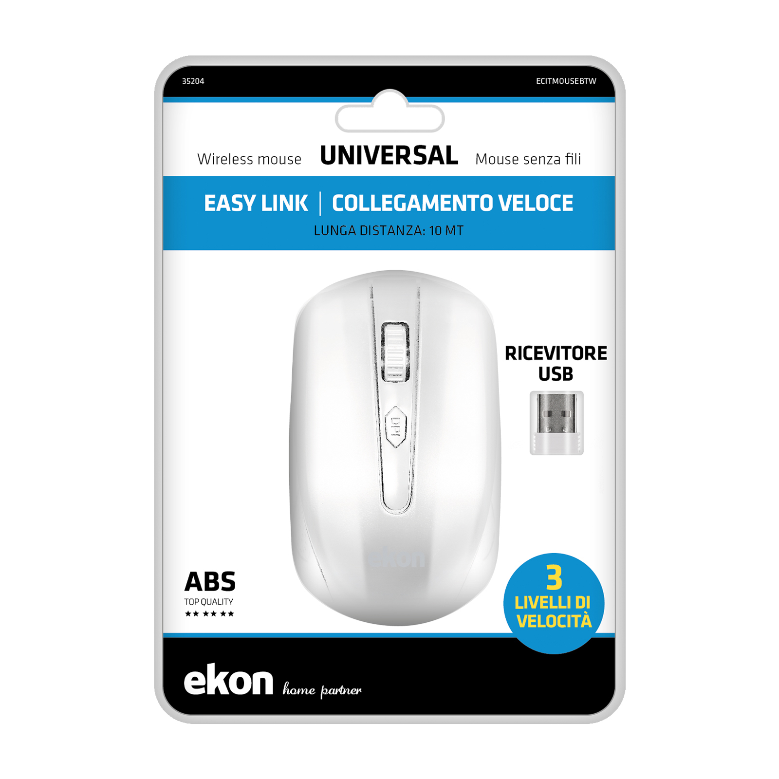 Confezione di un mouse wireless universale bianco con ricevitore USB e tasto DPI.