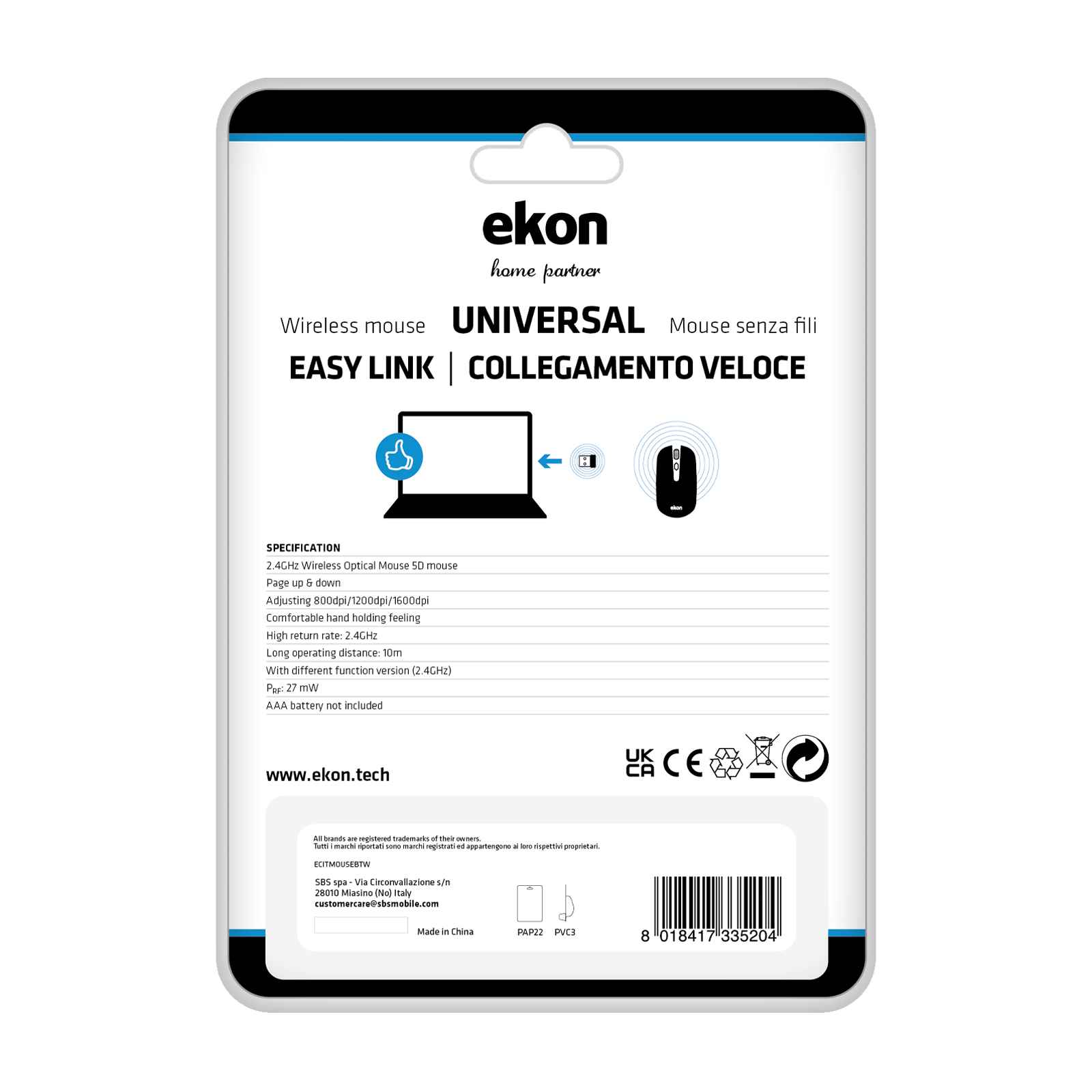 Confezione per un mouse wireless universale Ekon con specifiche.