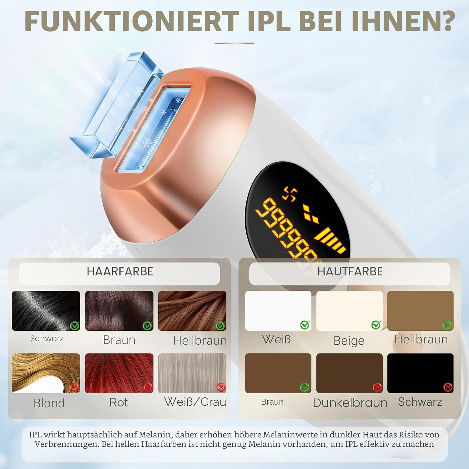IPL-Gerät mit Haare- und Hautfarben-Guide. Zeigt Schwarz, Braun, Hellbraun, Blond, Rot, Weiß/Grau Haare.
