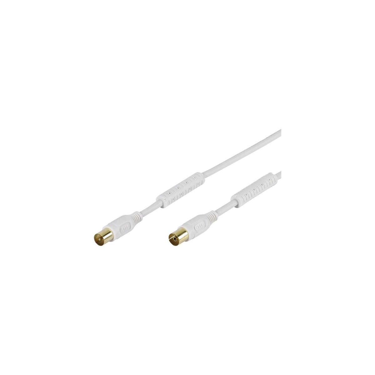 Ein weißes Koaxialkabel mit goldenen Steckern und Rillen.