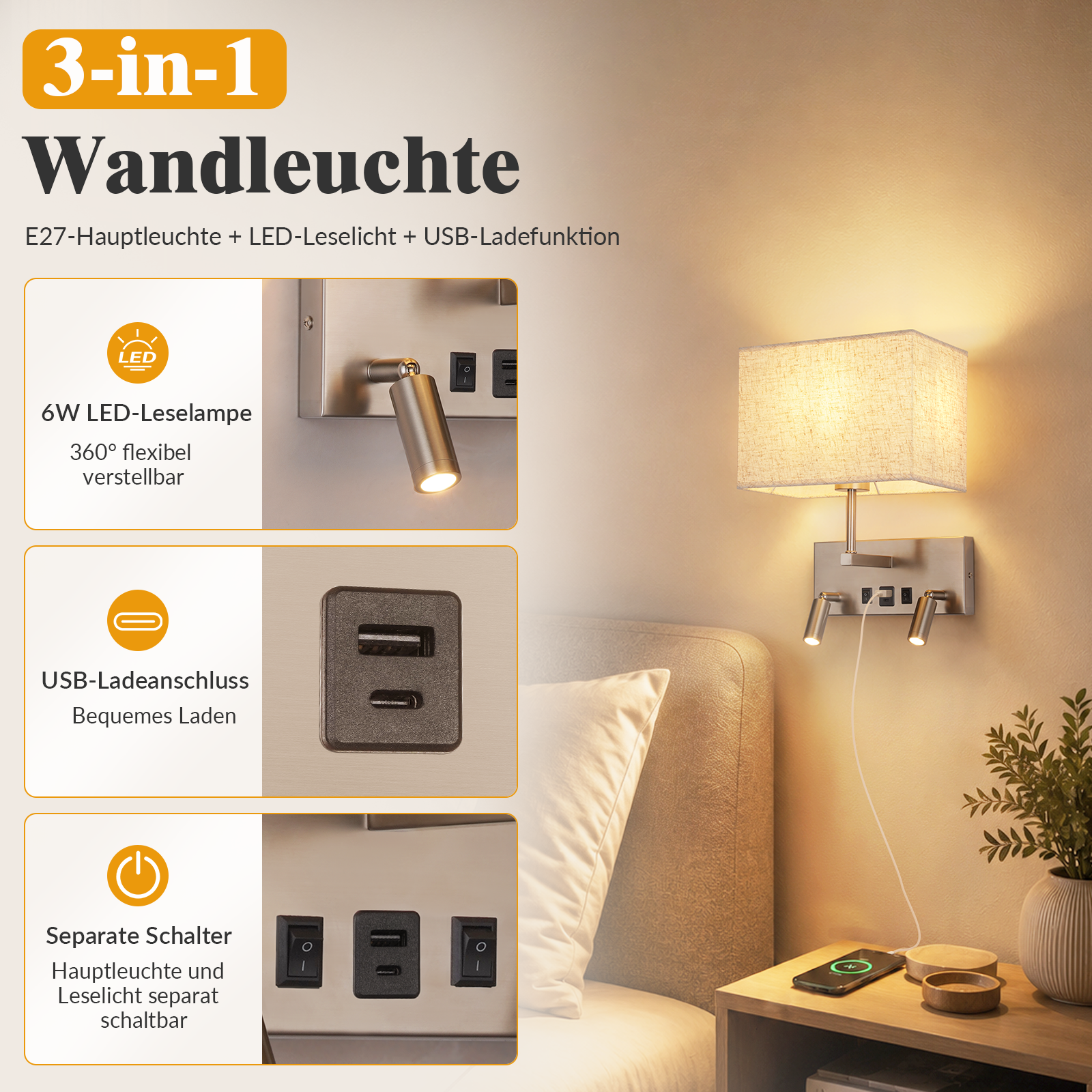 Moderne Wandleuchte mit Hauptlicht, Leselicht und USB-Anschluss.
