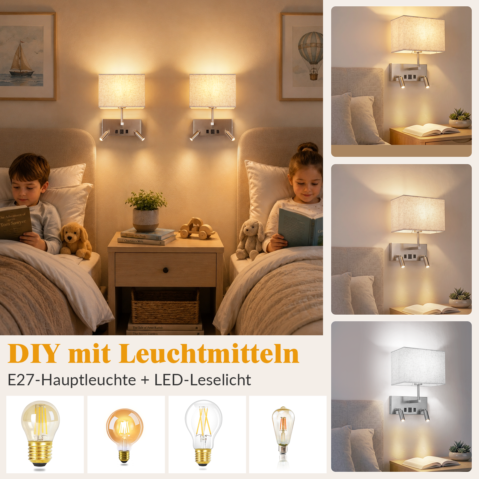 Kinder lesen im Bett, beleuchtet von Wandlampen. Unten sind Glühbirnen.