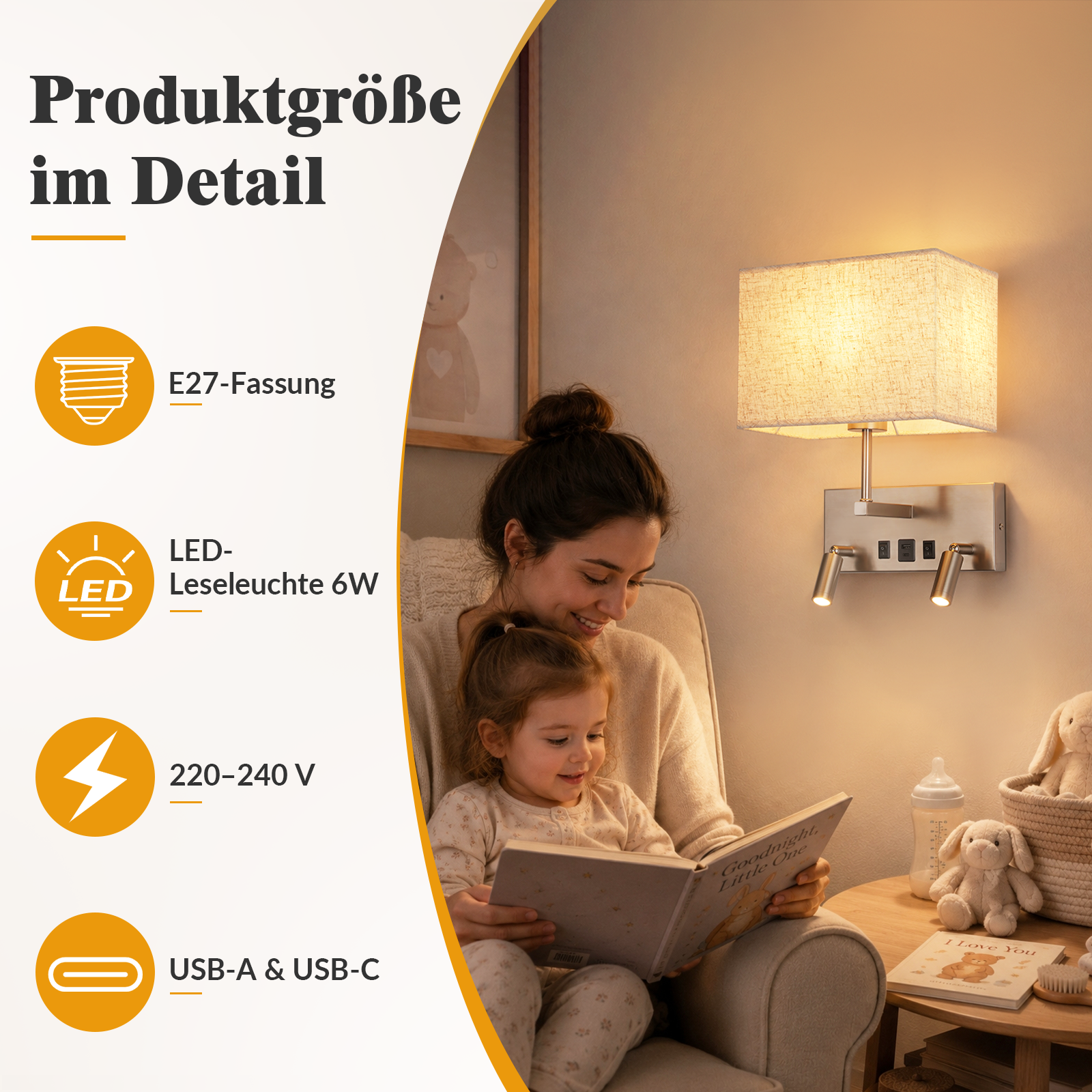 Mutter und Kind lesen Buch, Wandleuchte mit Leseleuchten, USB-Anschlüsse.