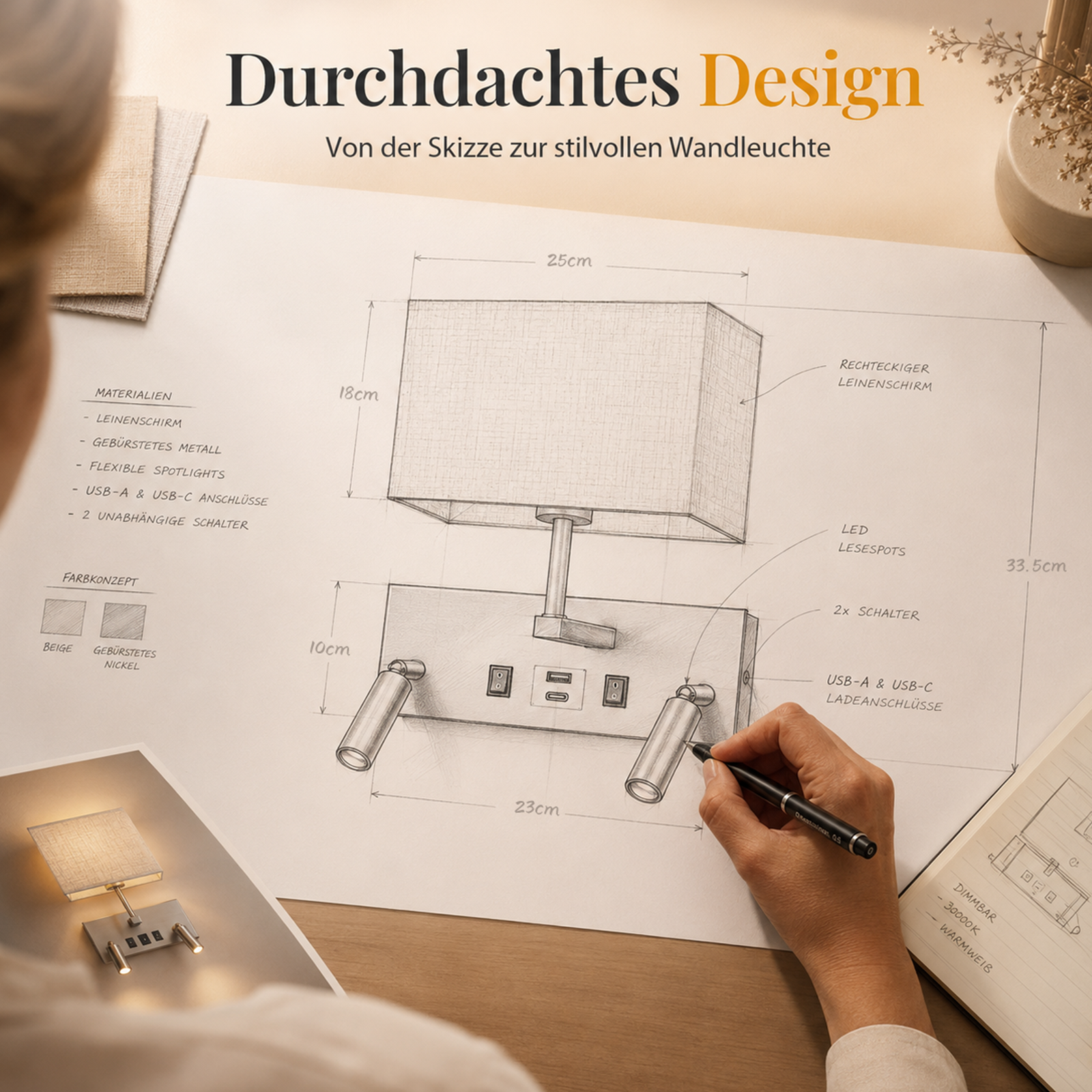 Eine Skizze einer Wandleuchte mit Maßen, Materialien und Farbkombinationen.