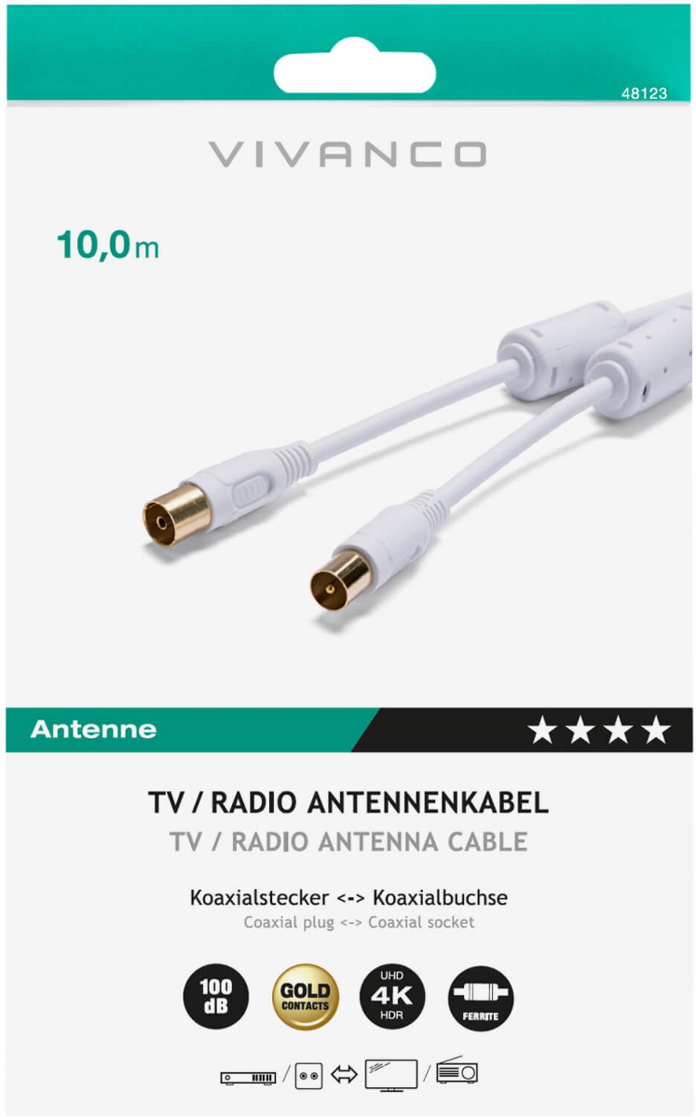 Cavo antenna Vivanco 10m con spina e presa coassiale, 100 dB, 4K UHD.