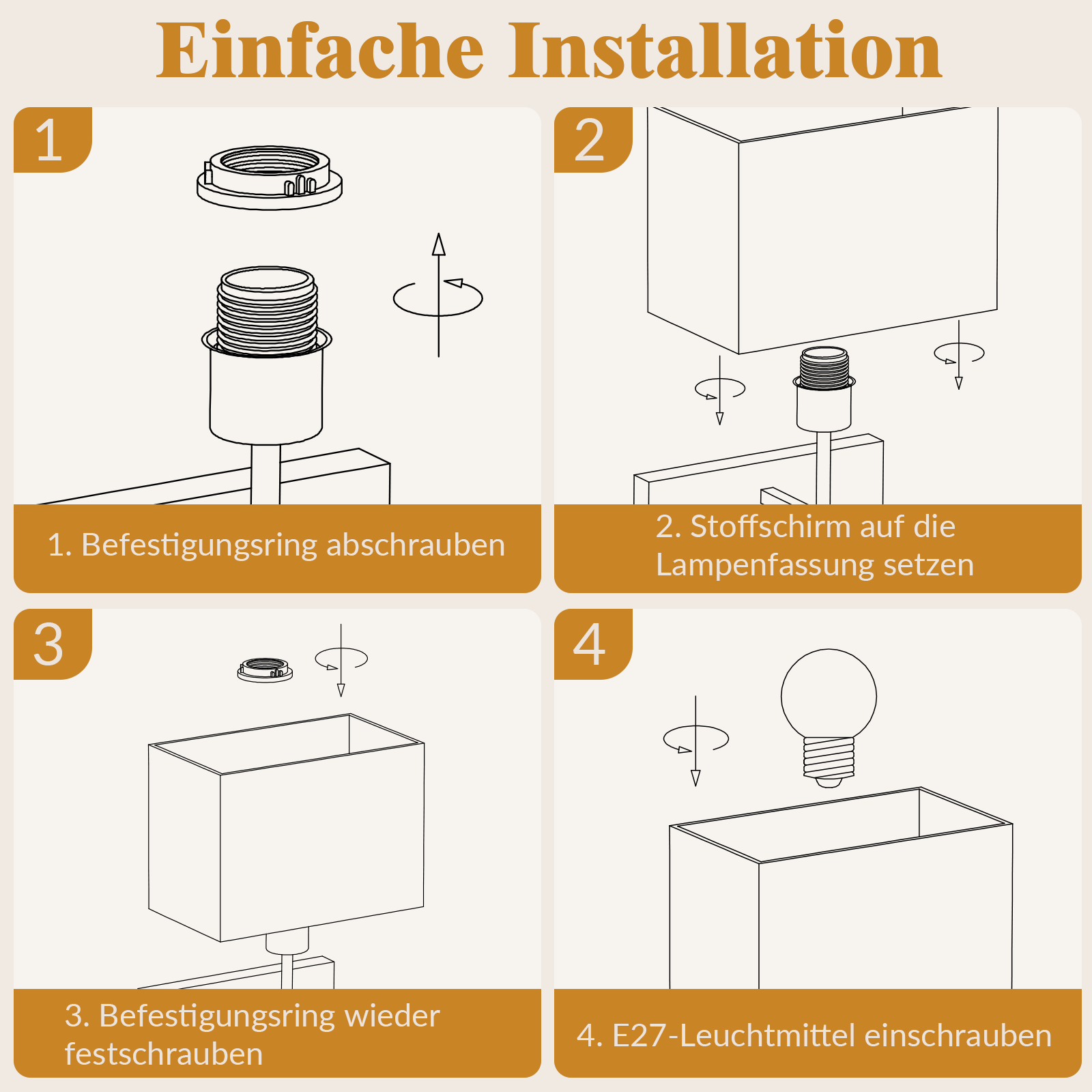 Schritt-für-Schritt-Anleitung zur Lampenmontage: Ring abschrauben, Schirm aufsetzen, Ring festschrauben, Glühbirne einschrauben.