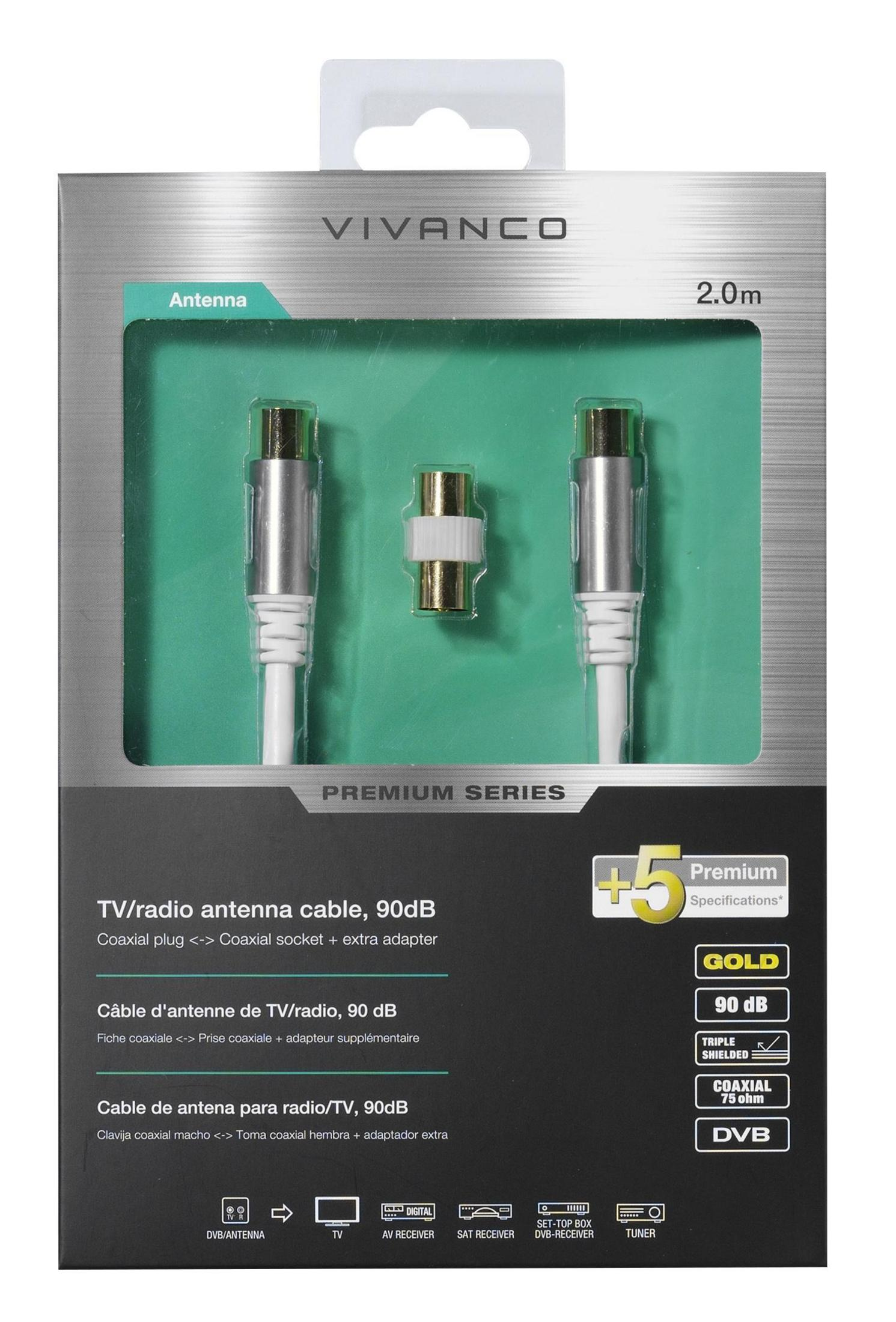 Cavo antenna Vivanco 2m, spina dorata, 90dB, tripla schermatura