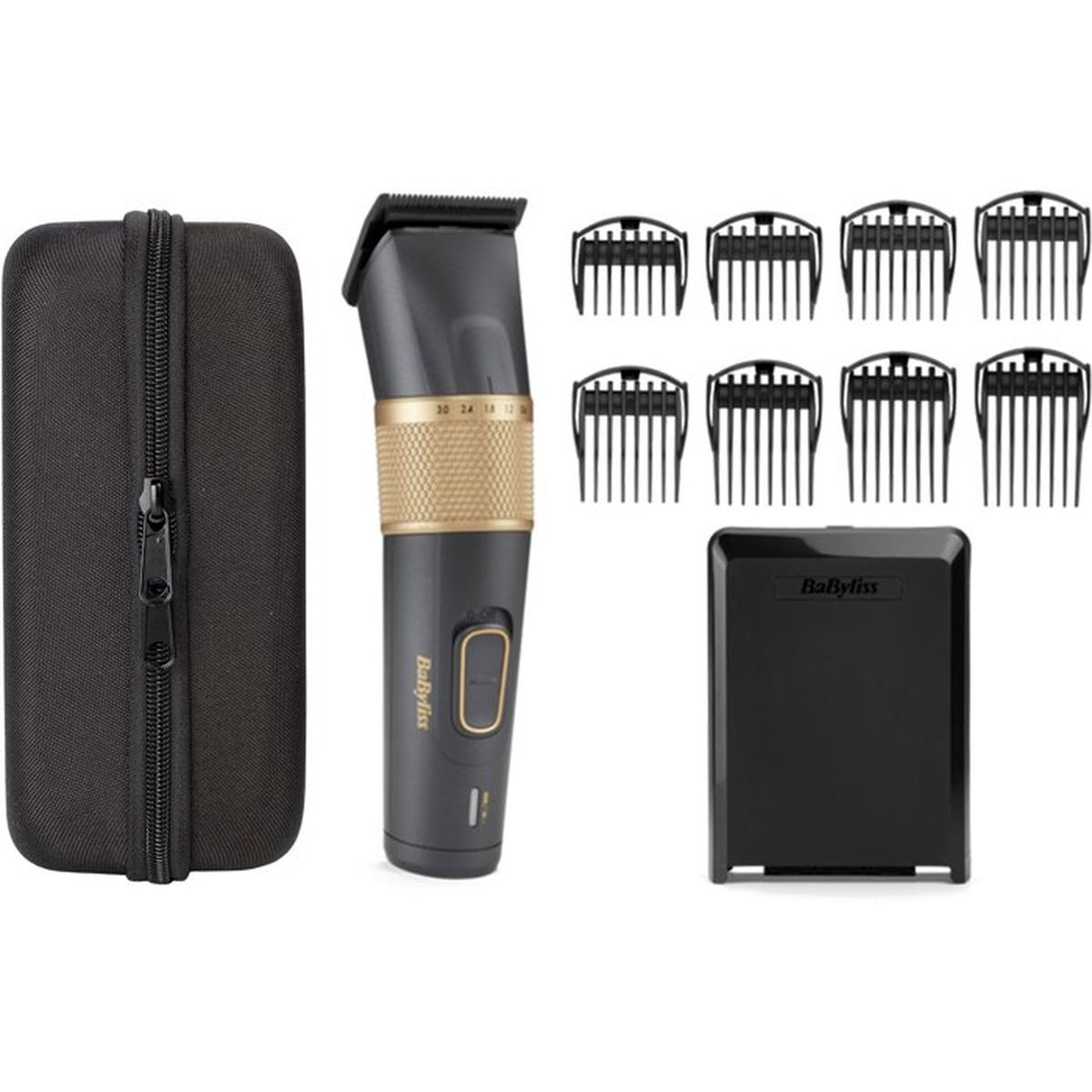 Ein Babyliss Haarschneider-Set mit Etui, Ladegerät und 8 Kämmen auf weißem Grund.