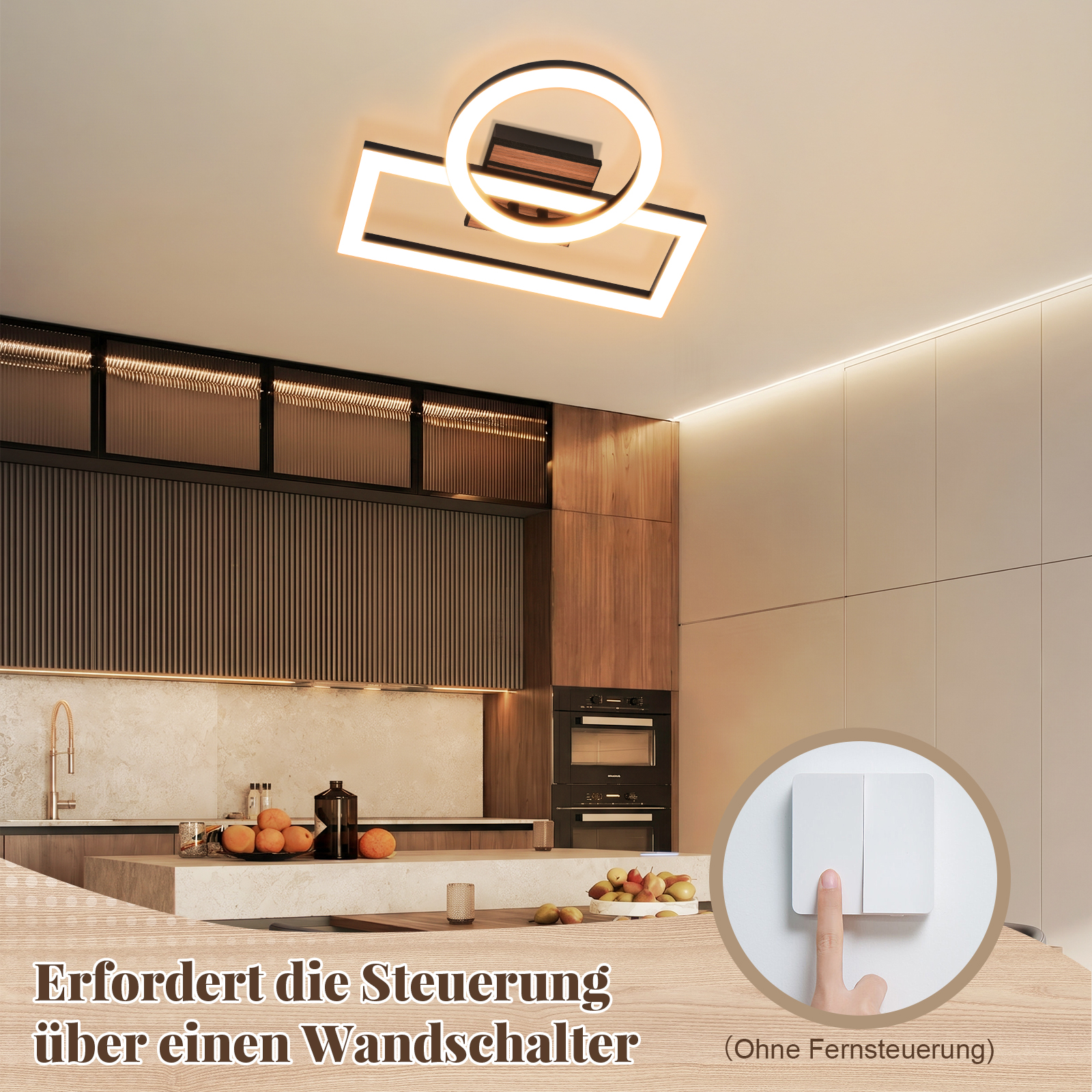 Moderne Küche mit geometrischer Deckenleuchte und Wandbedienfeld.