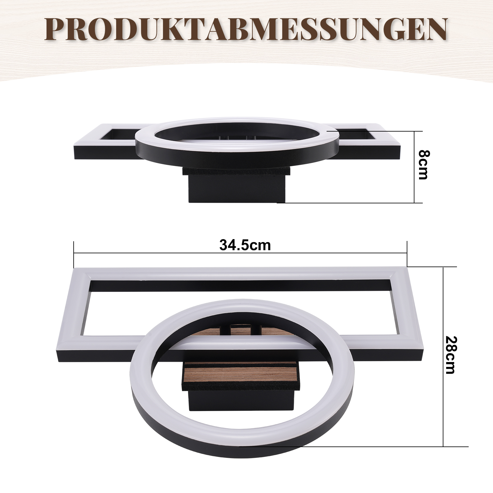 Produktmaße: Ein Ringlicht ist 8 cm hoch, 34,5 cm breit und 28 cm tief.