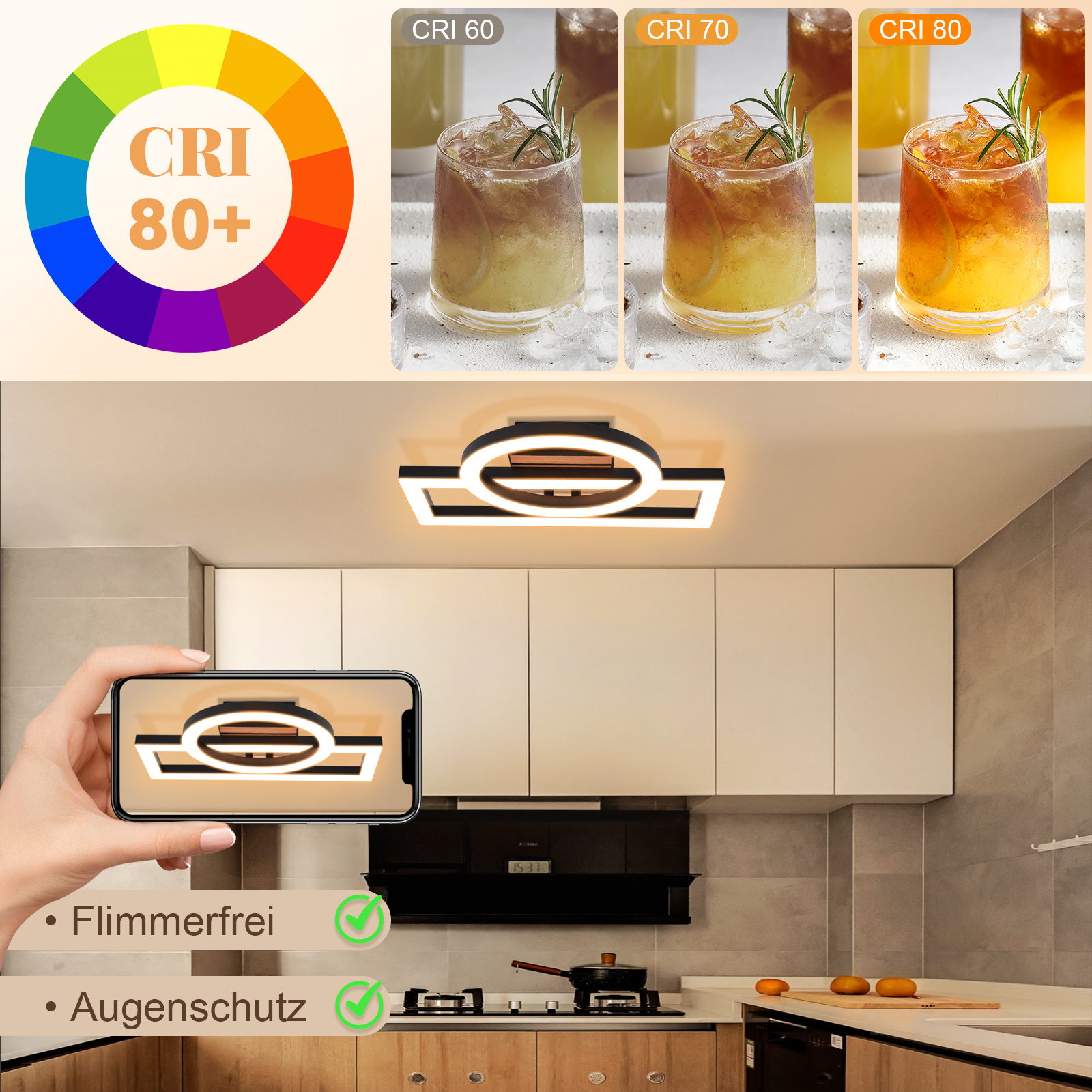 Moderne Deckenleuchte mit geometrischem Design über einer Küche. Eine Hand hält ein Handy, das die Leuchte zeigt.