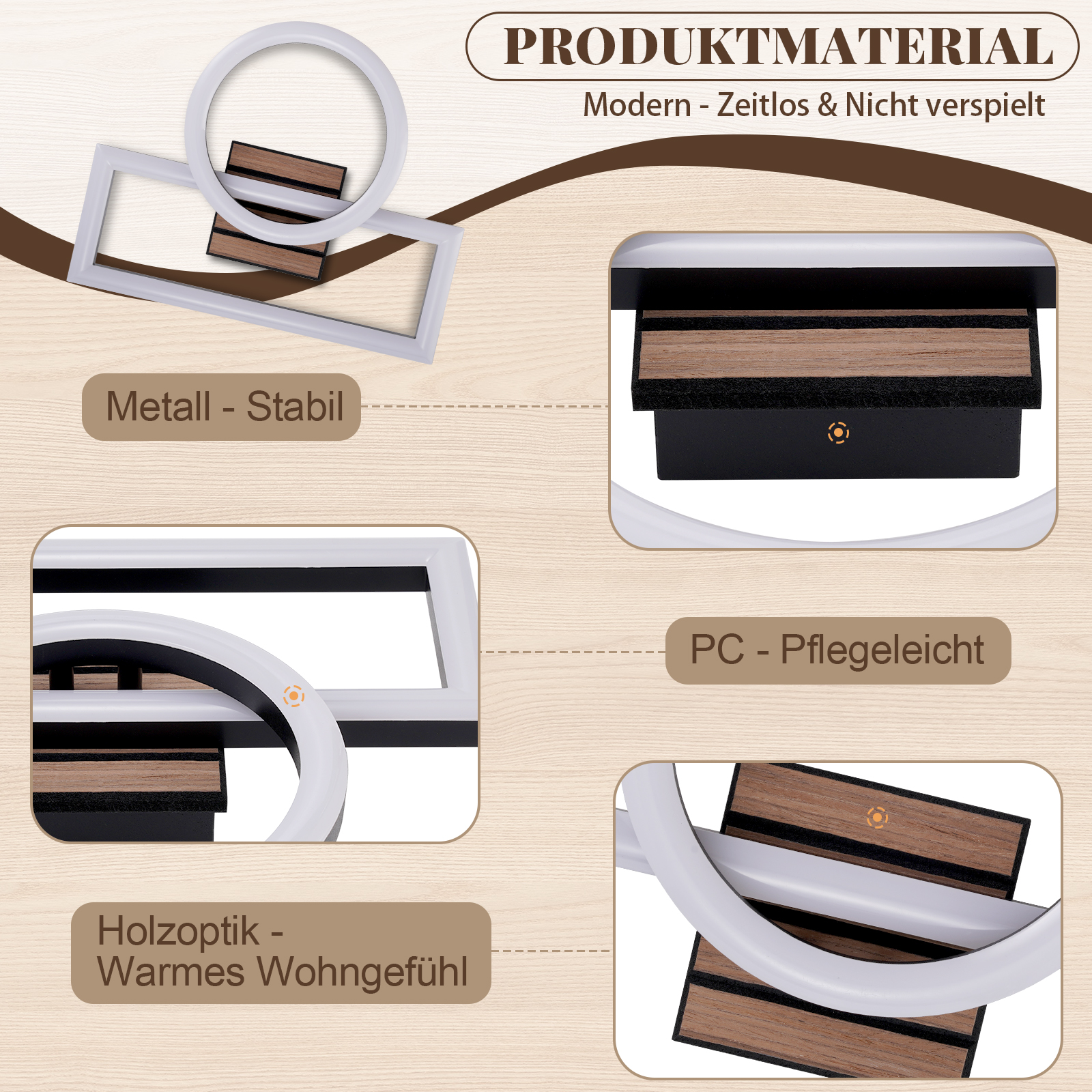 Produktmaterialien: Metall, Holzoptik, PC. Modern und pflegeleicht.
